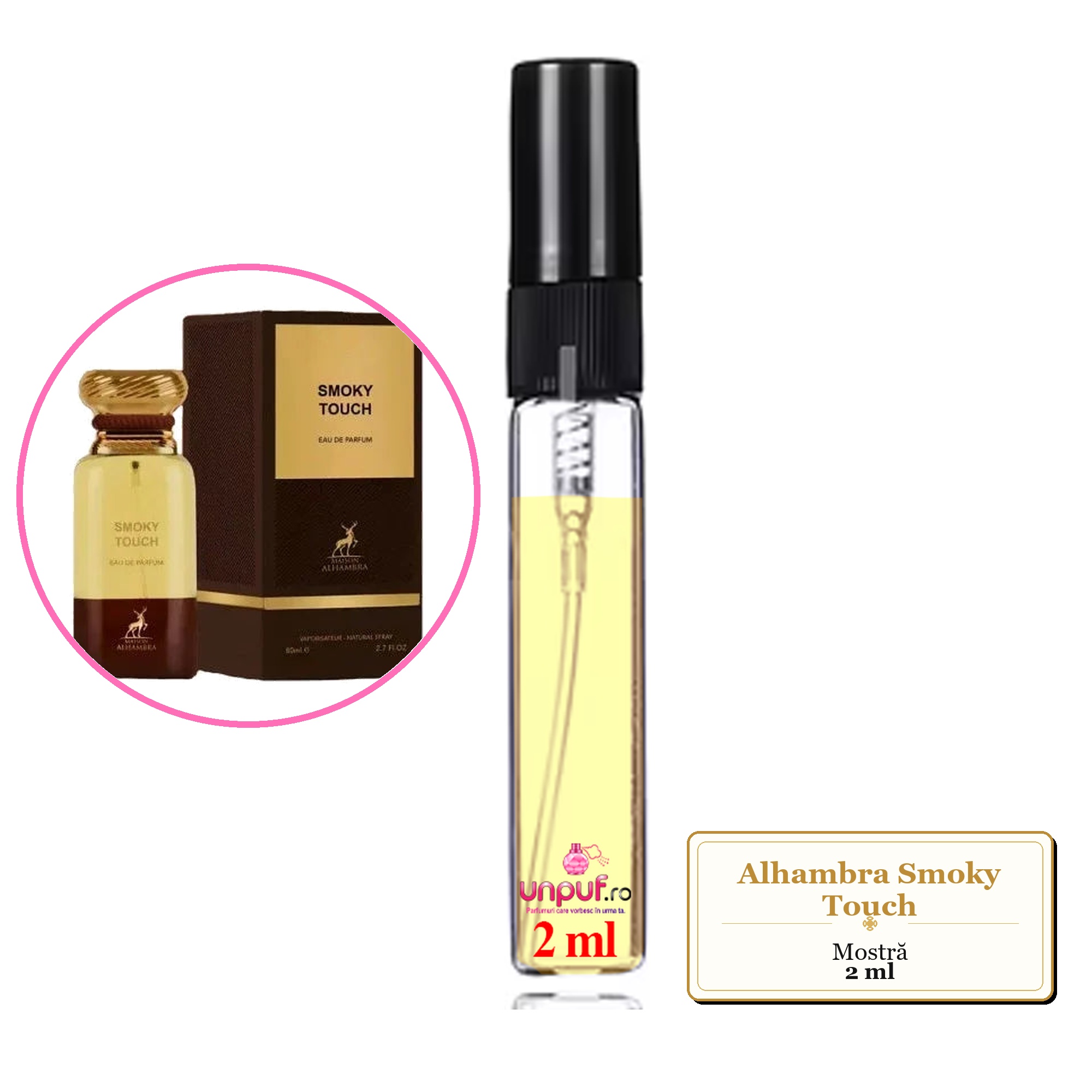 Mostra fiola din Parfumul Alhambra Smoky Touch, decant sticla cu pulverizator
