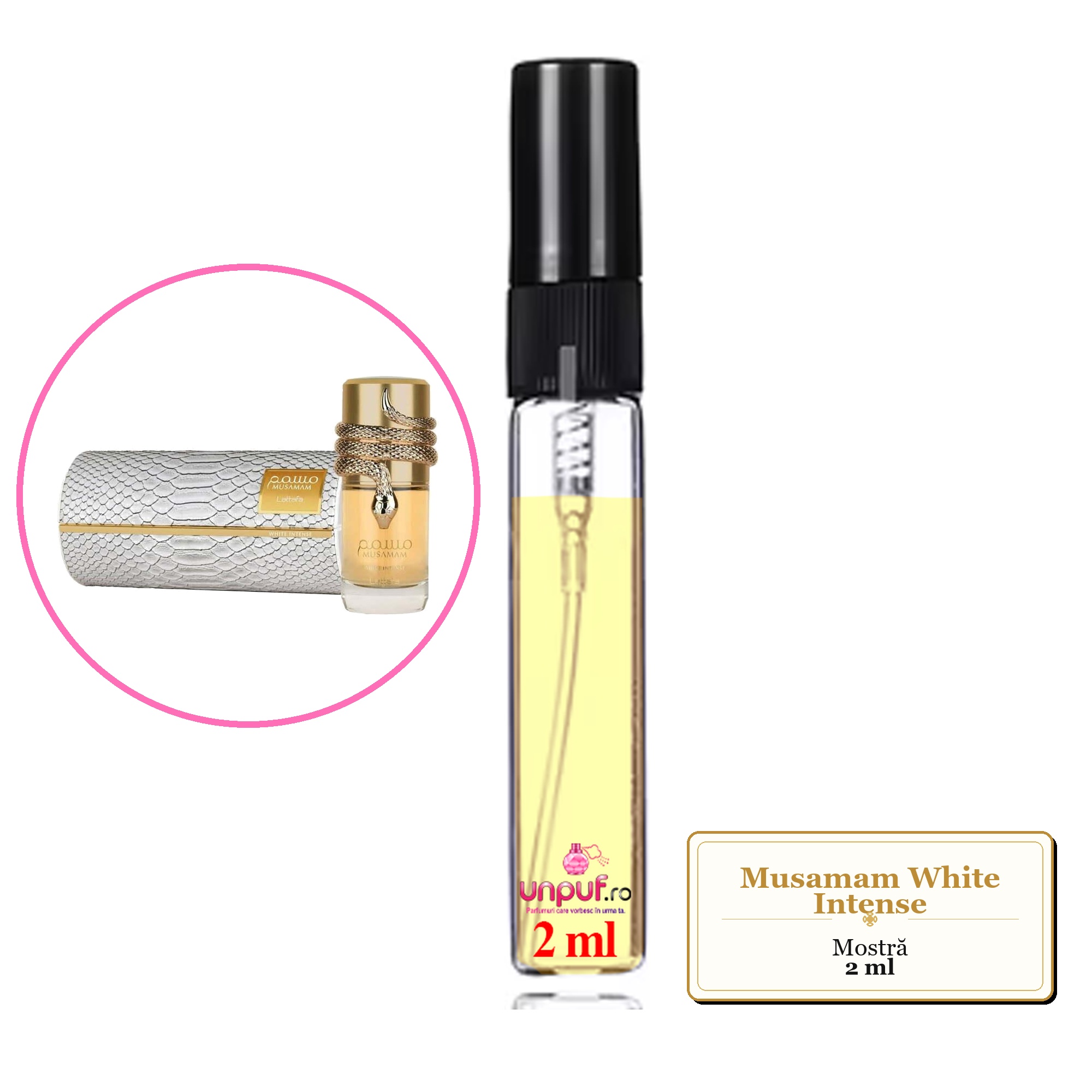 Mostra fiola din Parfumul Musamam White Intense, decant sticla cu pulverizator 