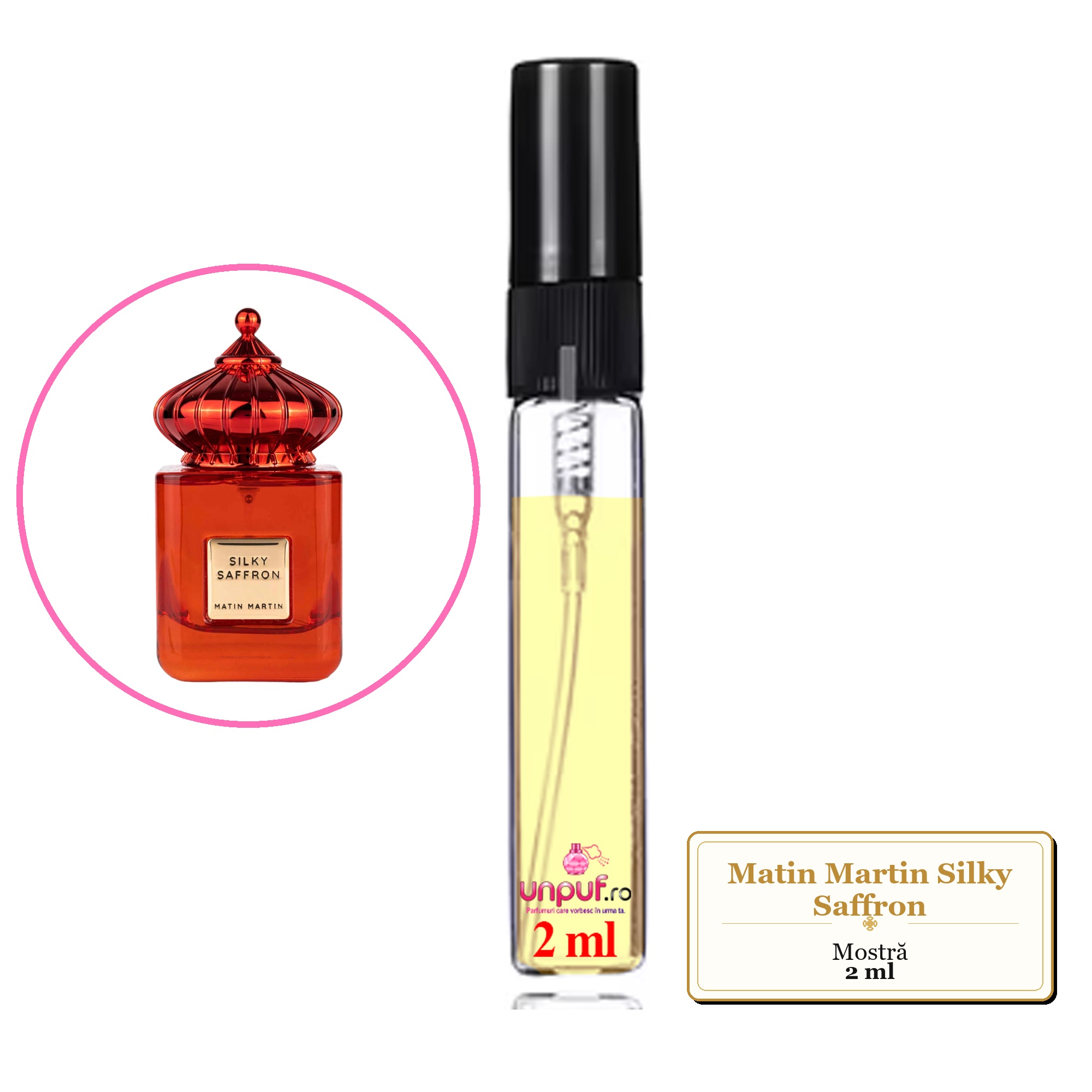 Mostra fiola din Parfumul Matin Martin Silky Saffron, decant sticla cu pulverizator 