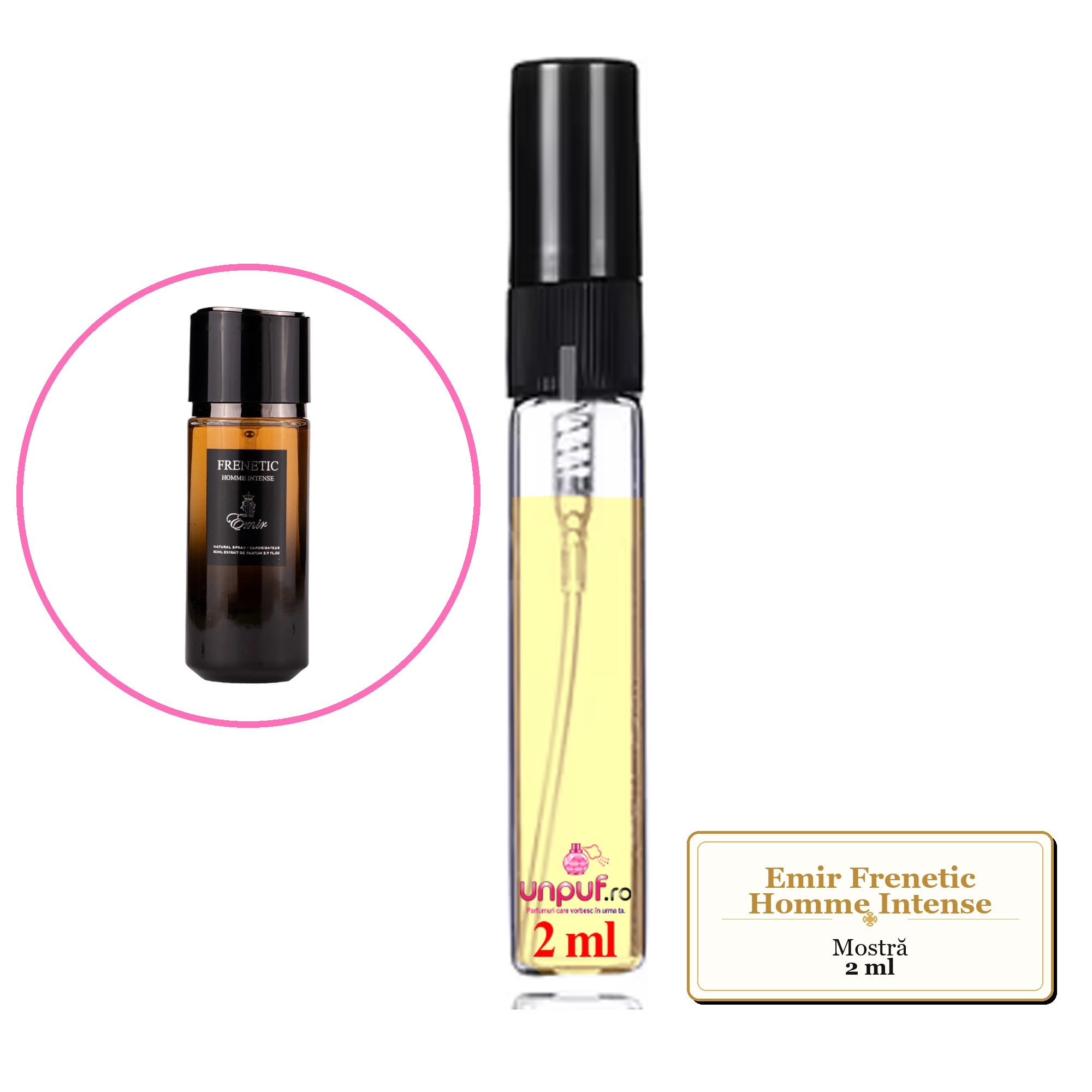 Mostra fiola din Parfumul Emir Frenetic Homme Intense, decant sticla cu pulverizator 