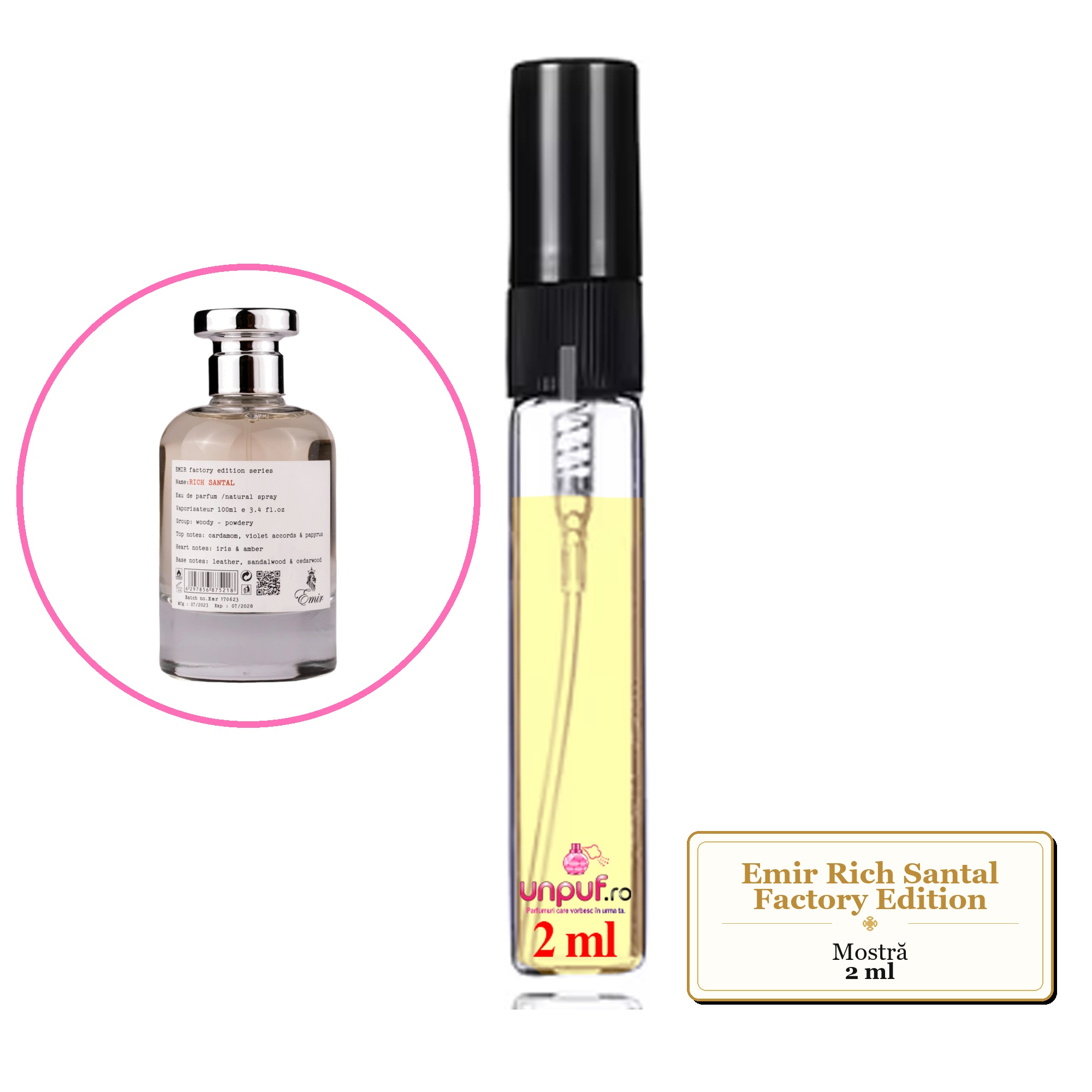 Mostra fiola din Parfumul Emir Rich Santal Factory Edition, decant sticla cu pulverizator 
