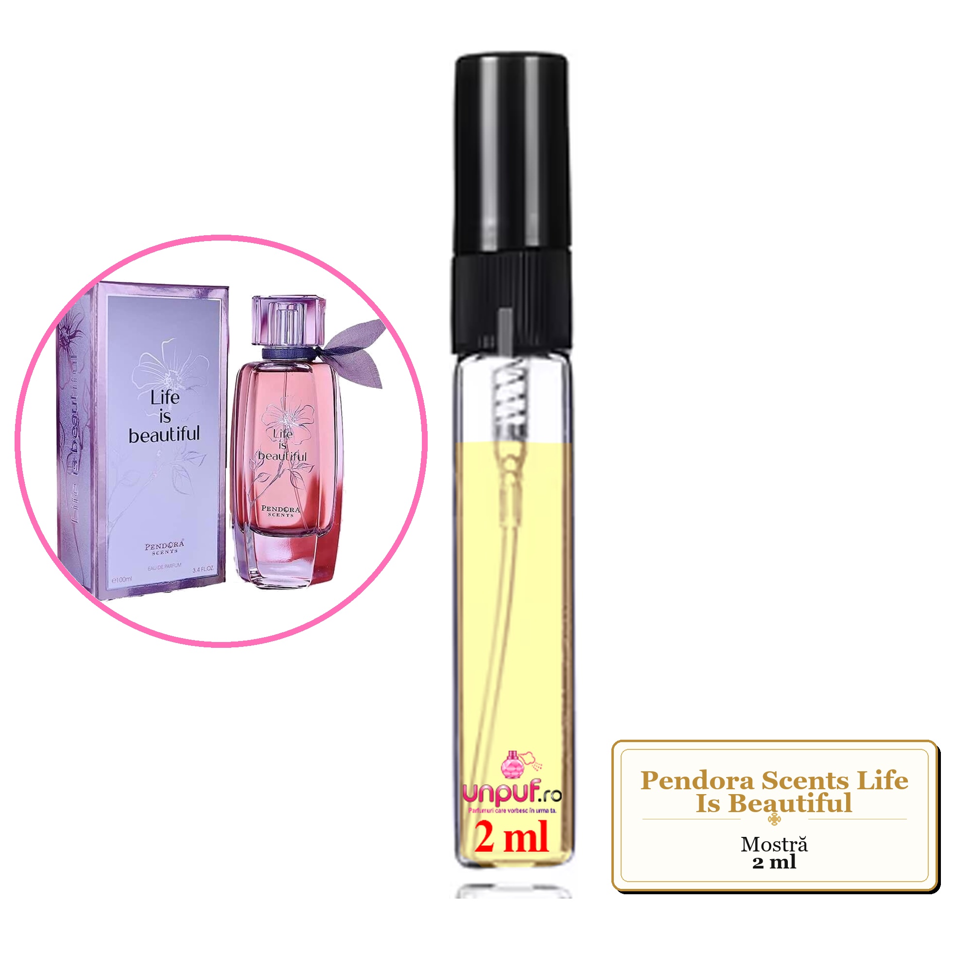 Mostra fiola din Parfumul Pendora Scents Life Is Beautiful, decant sticla cu pulverizator 
