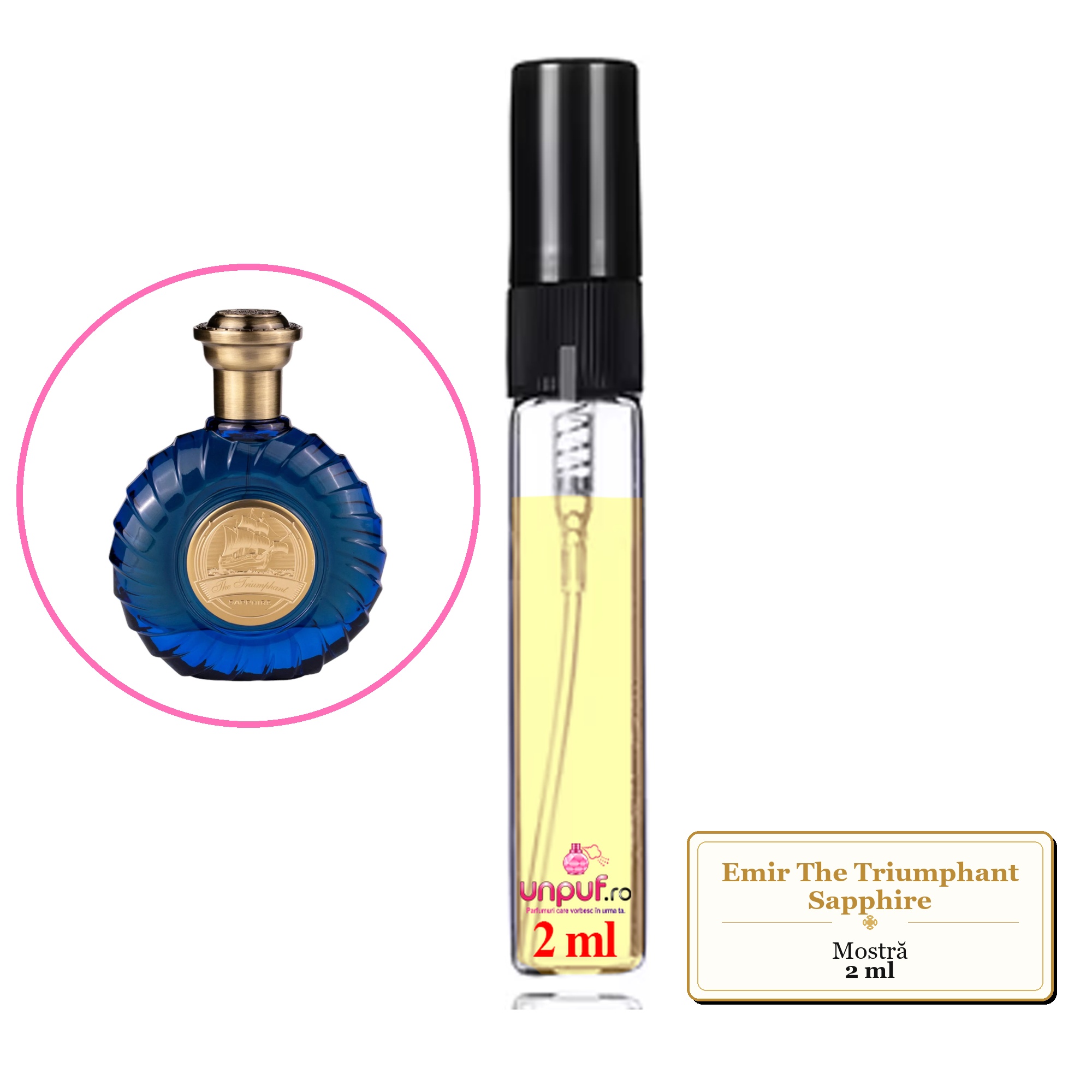 Mostra fiola din Parfumul Emir The Triumphant Sapphire, decant sticla cu pulverizator 
