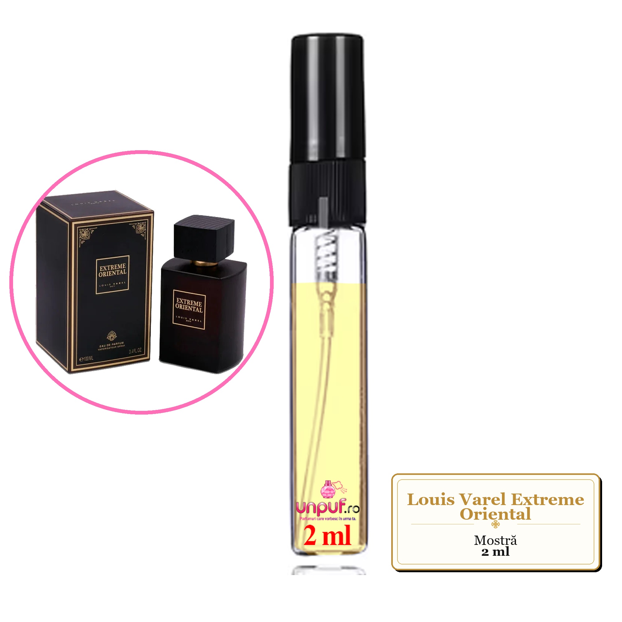 Mostra fiola din Parfumul Louis Varel Extreme Oriental, decant sticla cu pulverizator