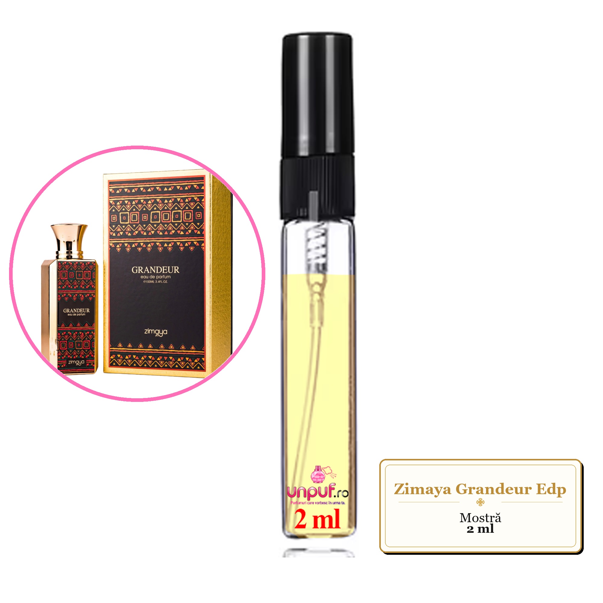 Mostra fiola din Parfumul Zimaya Grandeur Edp, decant sticla cu pulverizator 