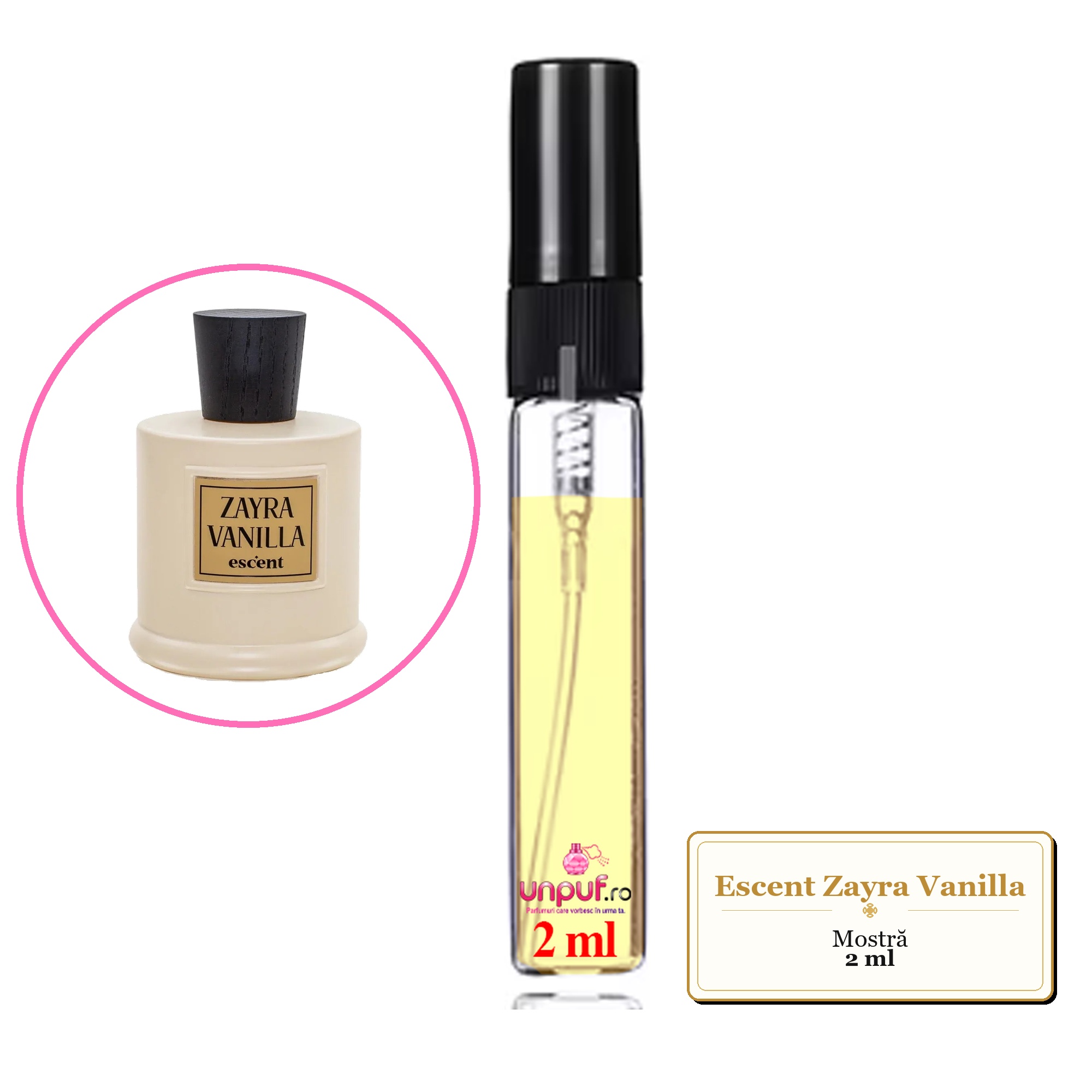 Mostra fiola din Parfumul Escent Zayra Vanilla, decant sticla cu pulverizator 