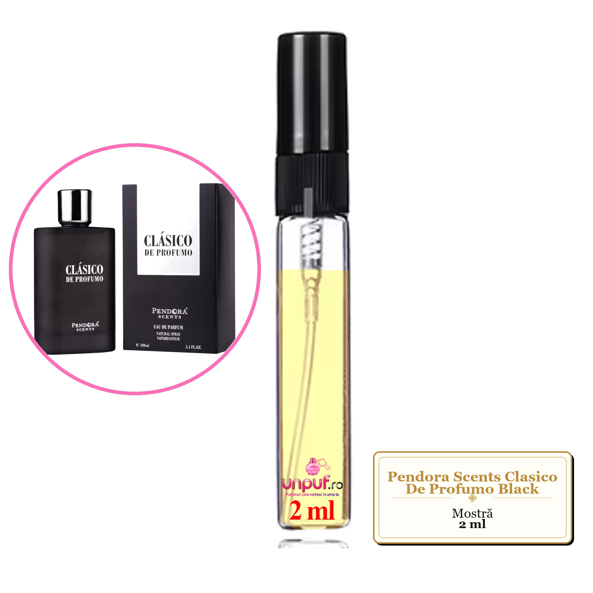 Mostra fiola din Parfumul Pendora Scents Clasico De Profumo Black, decant sticla cu pulverizator 