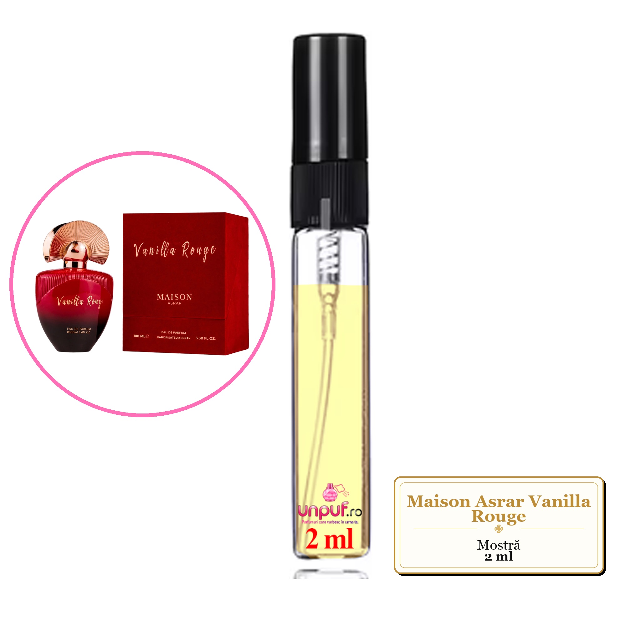 Mostra fiola din Parfumul Maison Asrar Vanilla Rouge, decant sticla cu pulverizator 