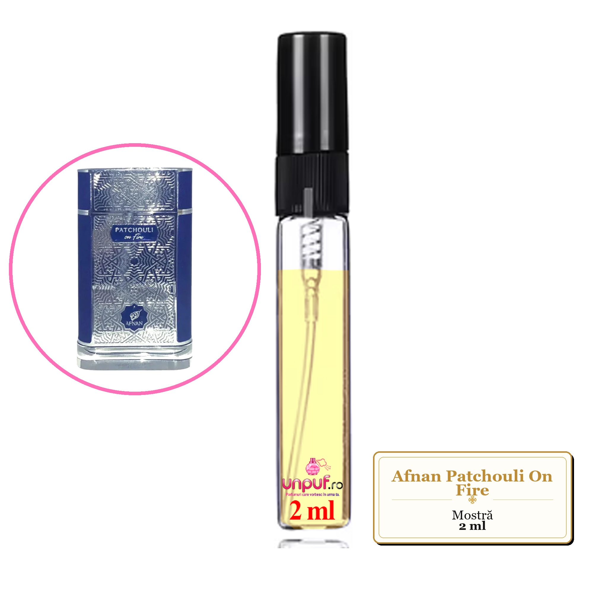 Mostra fiola din Parfumul Afnan Patchouli On Fire, decant sticla cu pulverizator 