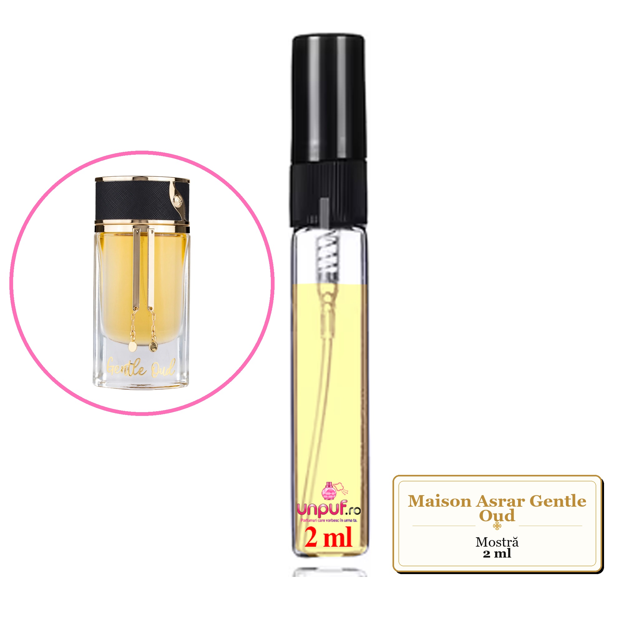 Mostra fiola din Parfumul Maison Asrar Gentle Oud, decant sticla cu pulverizator