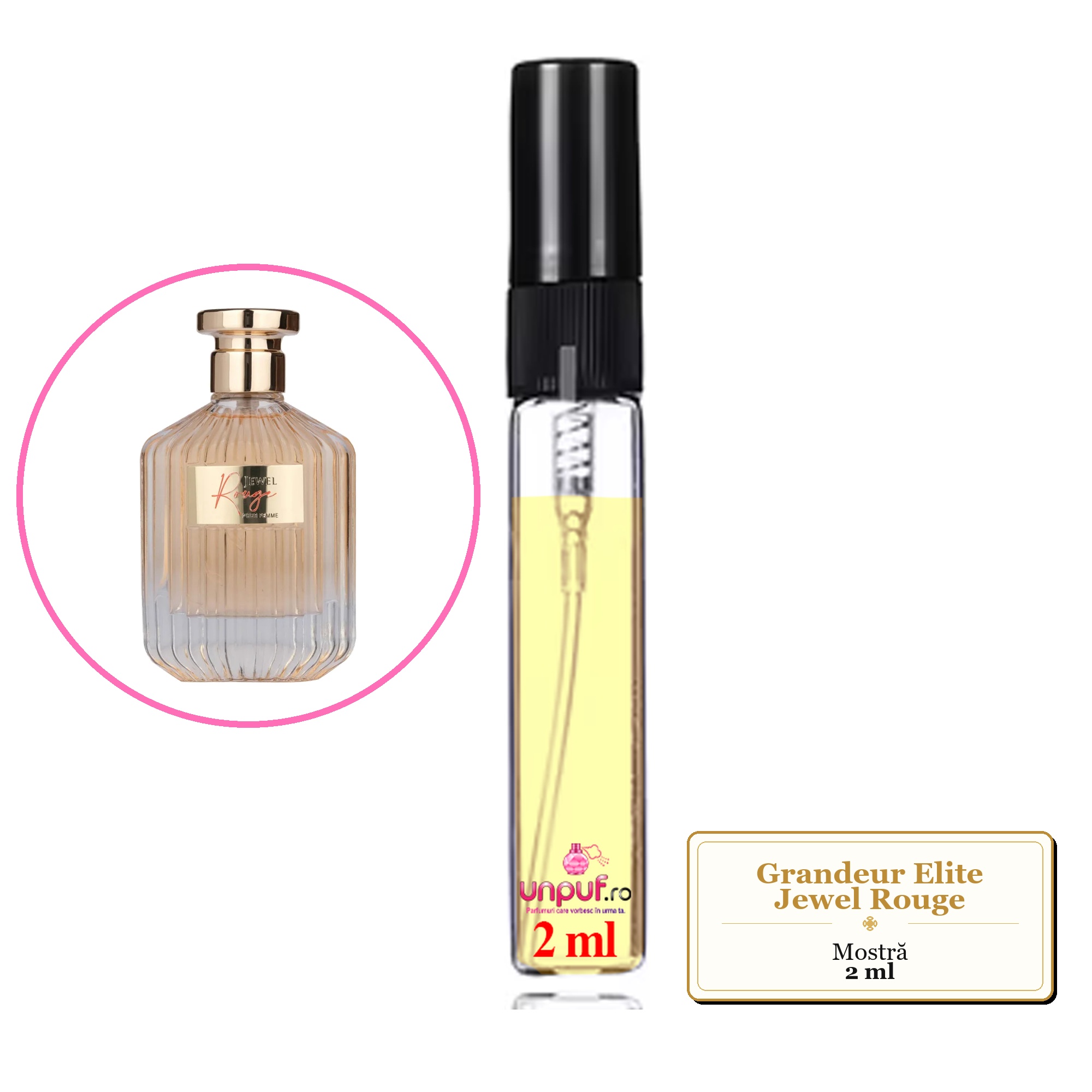 Mostra fiola din Parfumul Grandeur Elite Jewel Rouge, decant sticla cu pulverizator 