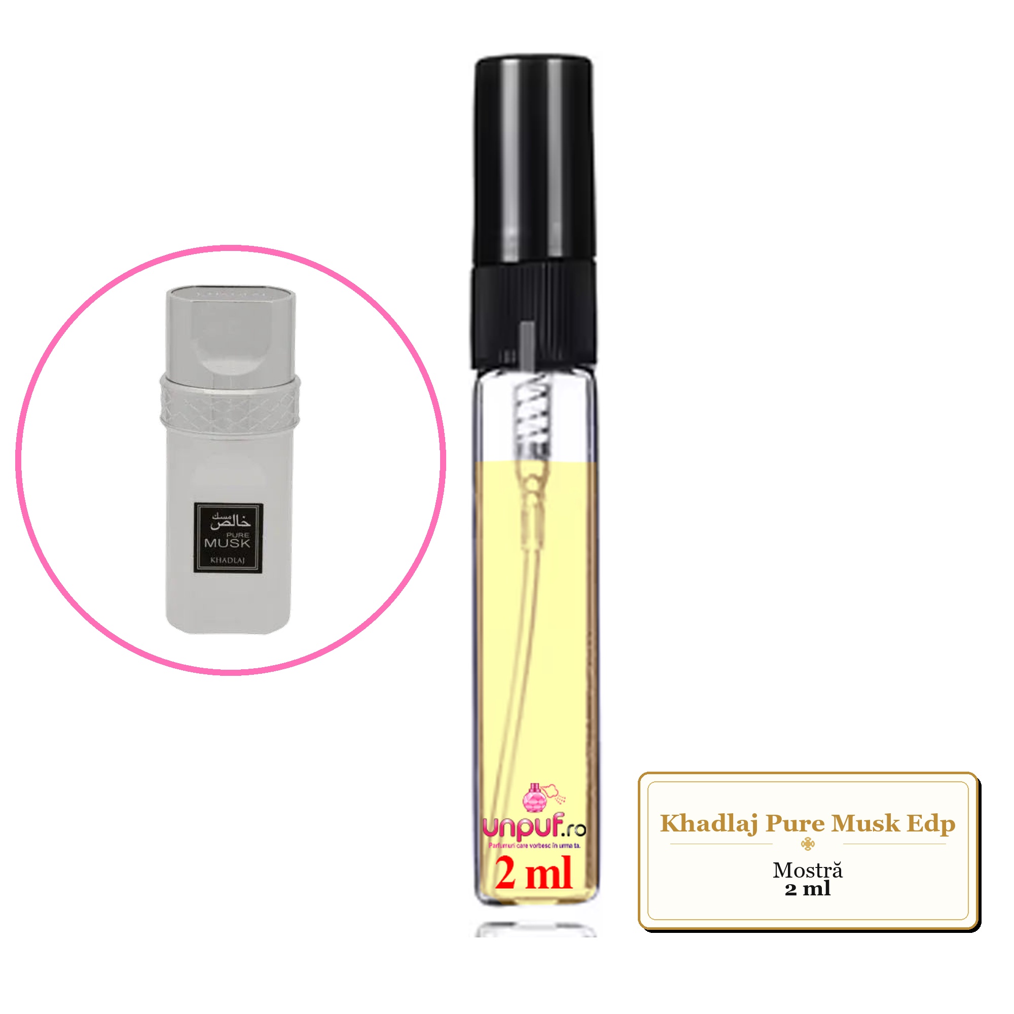 Mostra fiola din Parfumul Khadlaj Pure Musk Edp, decant sticla cu pulverizator