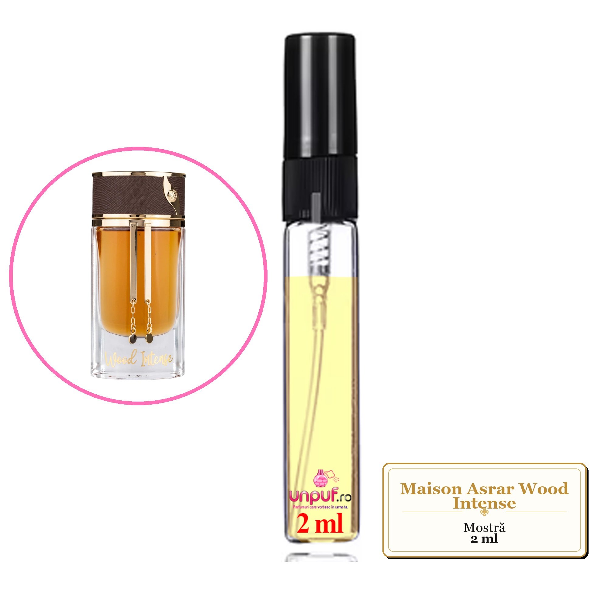 Mostra fiola din Parfumul Maison Asrar Wood Intense, decant sticla cu pulverizator 
