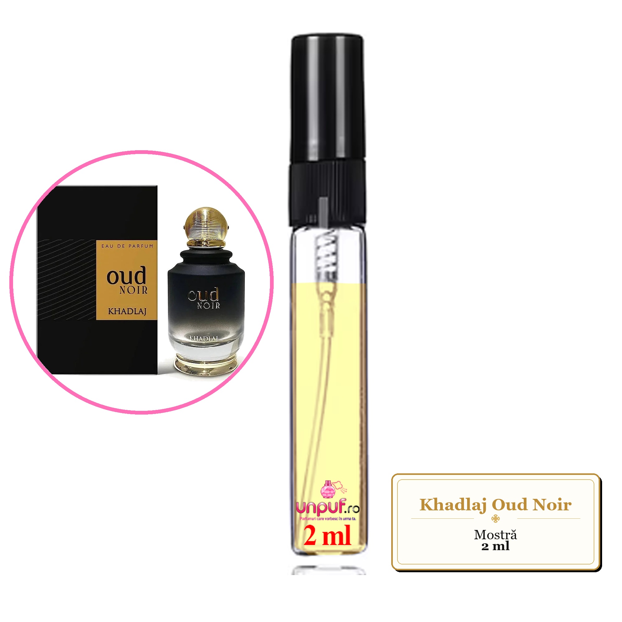 Mostra fiola din Parfumul Khadlaj Oud Noir, decant sticla cu pulverizator 