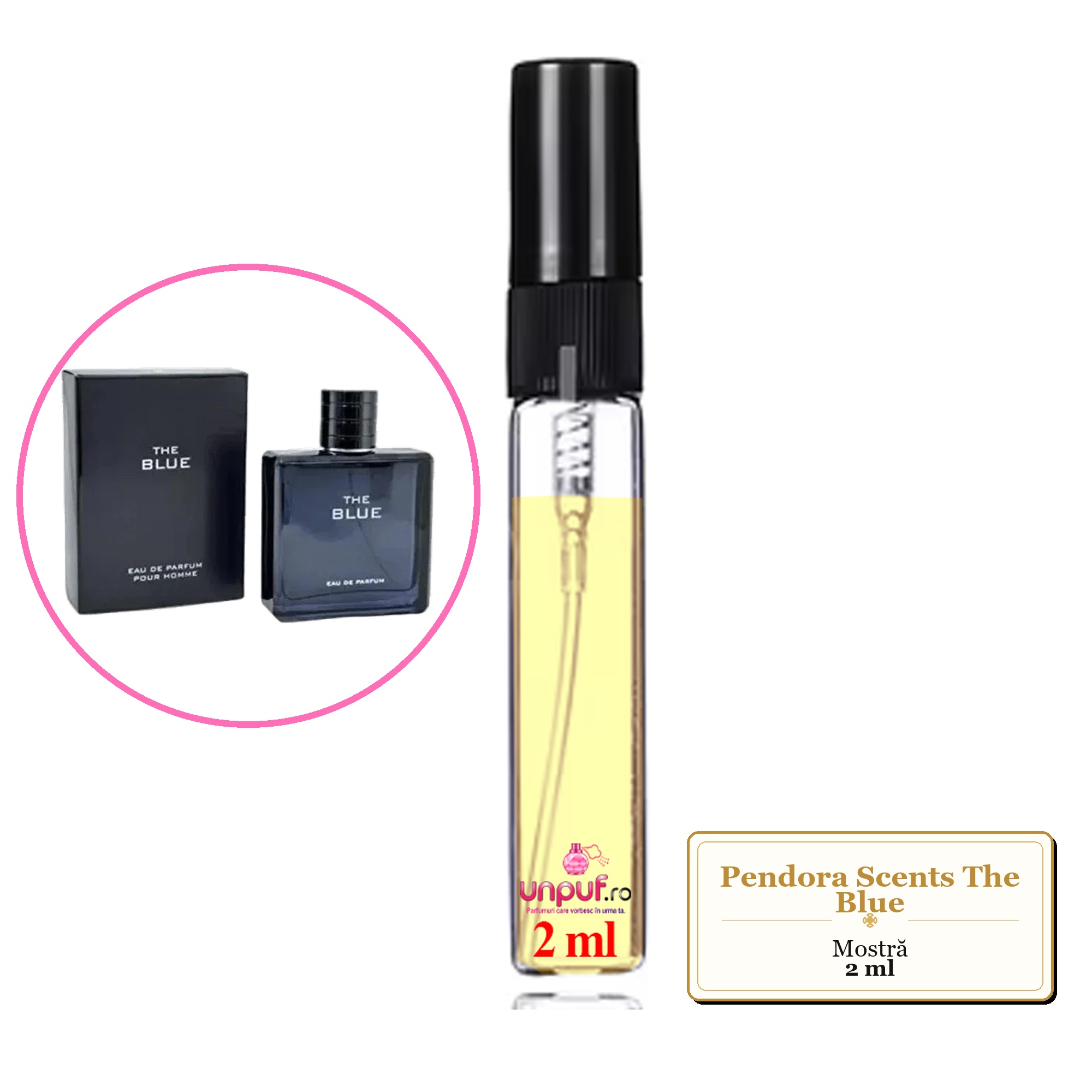 Mostra fiola din Parfumul Pendora Scents The Blue, decant sticla cu pulverizator