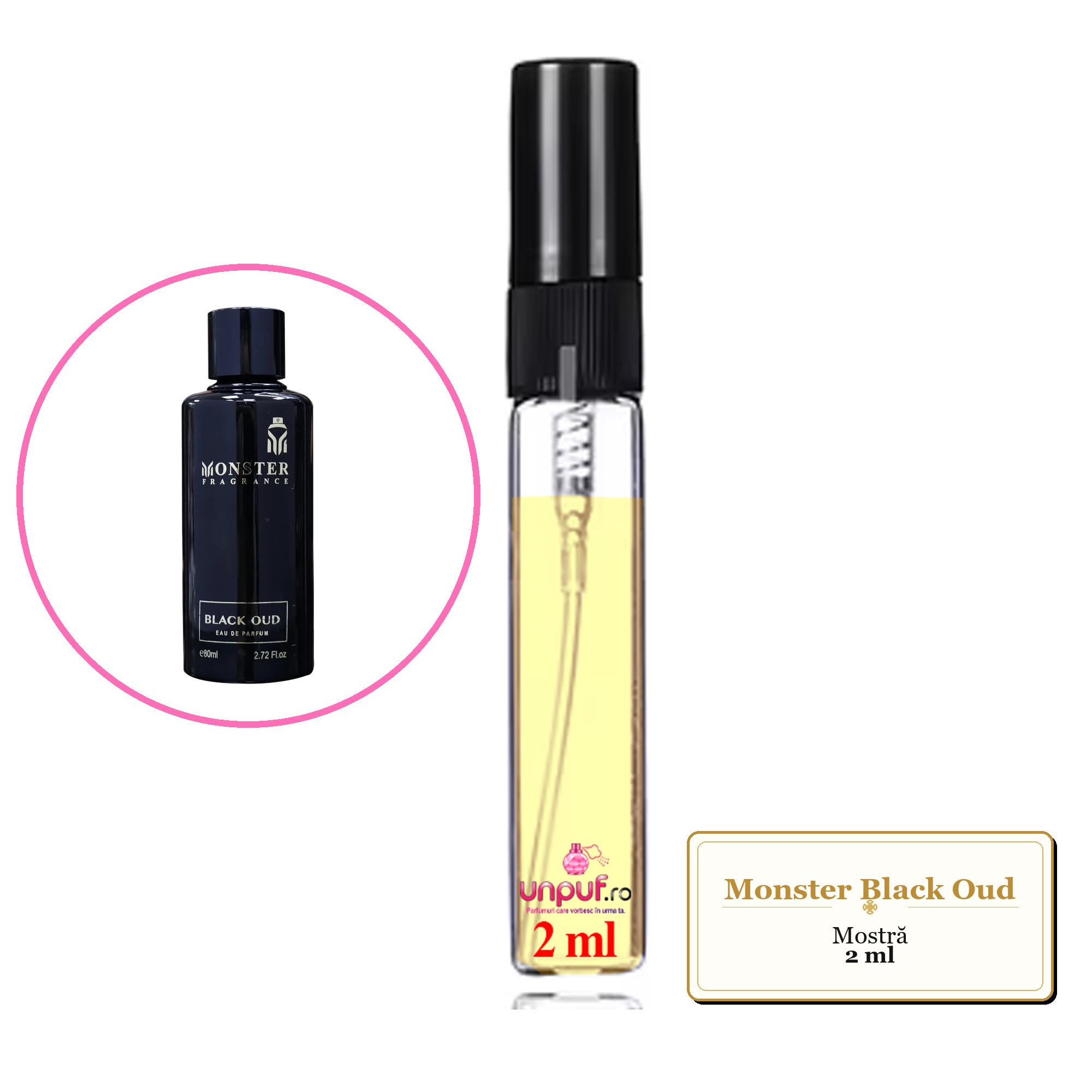 Mostra fiola din Parfumul Monster Black Oud, decant sticla cu pulverizator