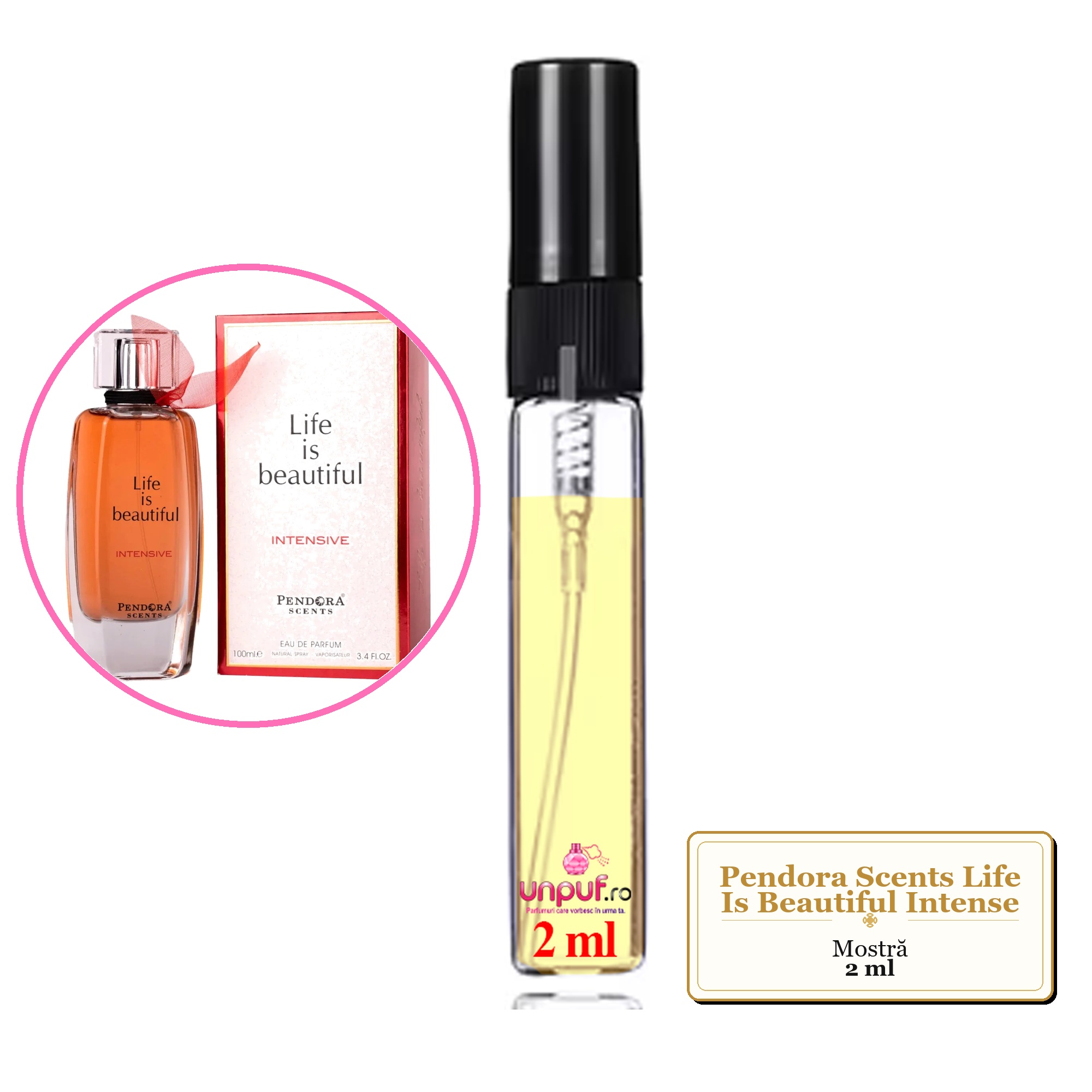 Mostra fiola din Parfumul Pendora Scents Life Is Beautiful Intense, decant sticla cu pulverizator