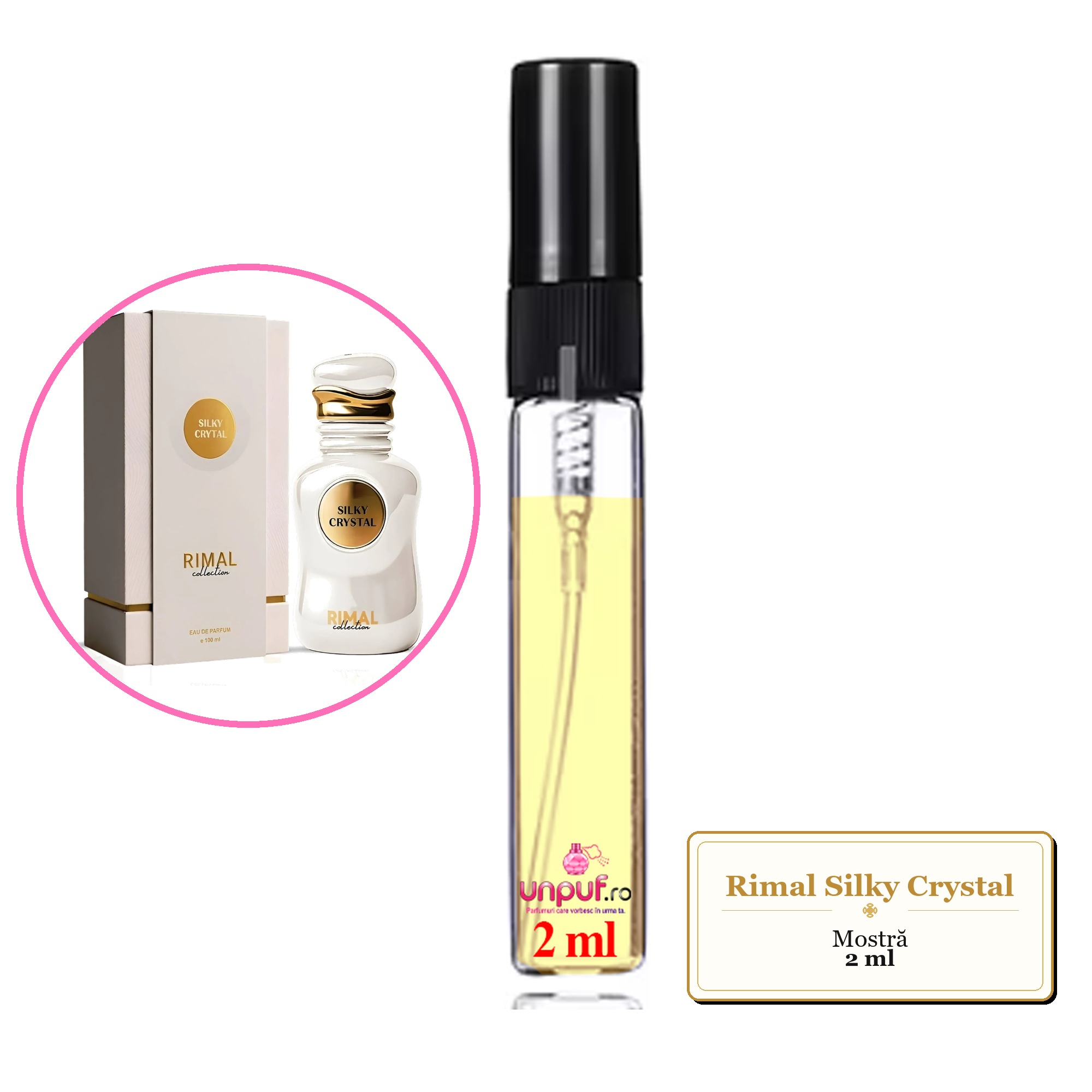 Mostra fiola din Parfumul Rimal Silky Crystal, decant sticla cu pulverizator