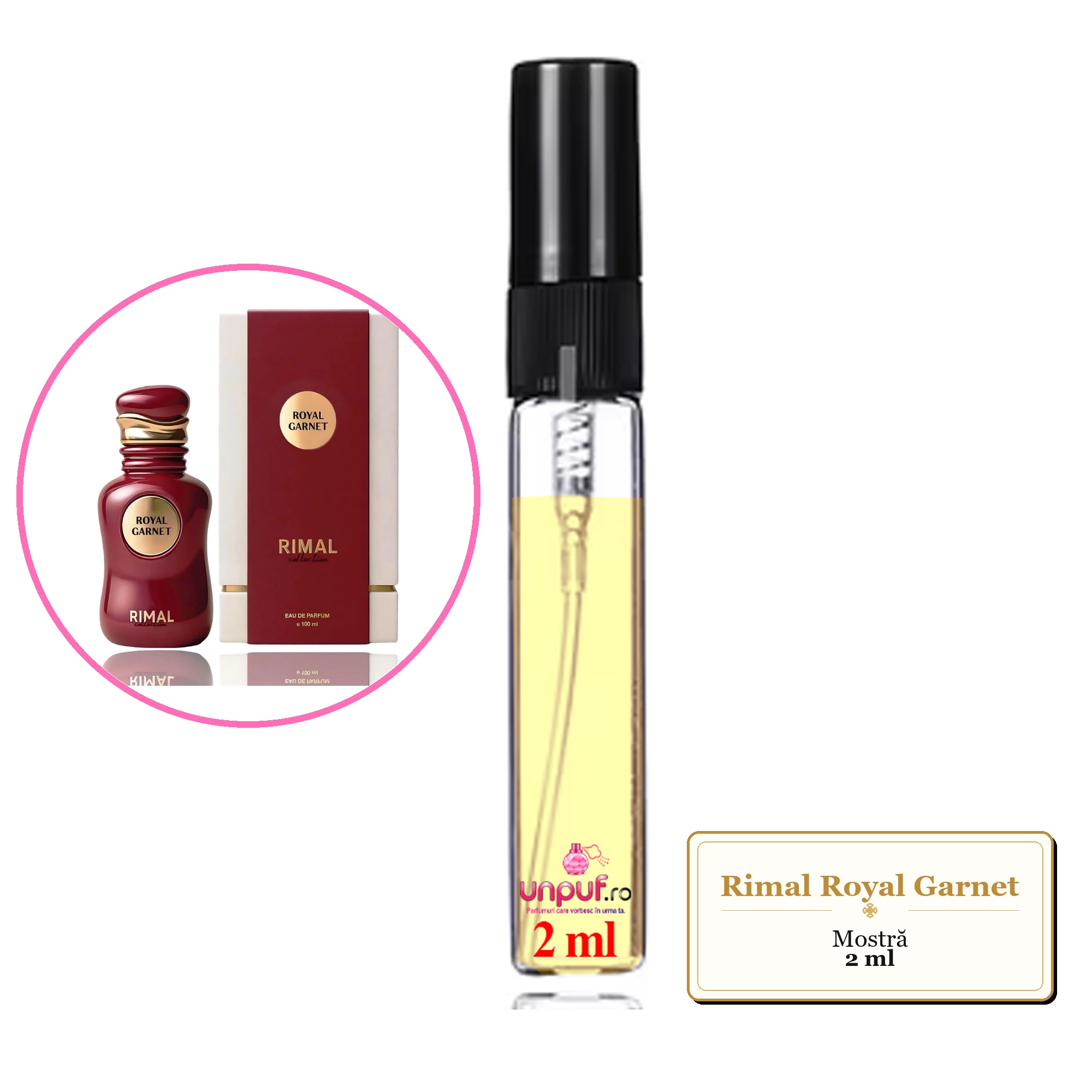 Mostra fiola din Parfumul Rimal Royal Garnet, decant sticla cu pulverizator 
