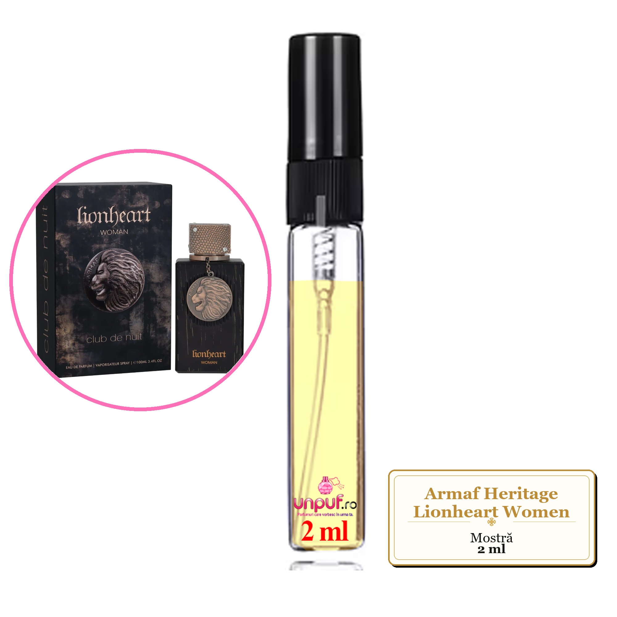 Mostra fiola din Parfumul Armaf Heritage Lionheart Women, decant sticla cu pulverizator 