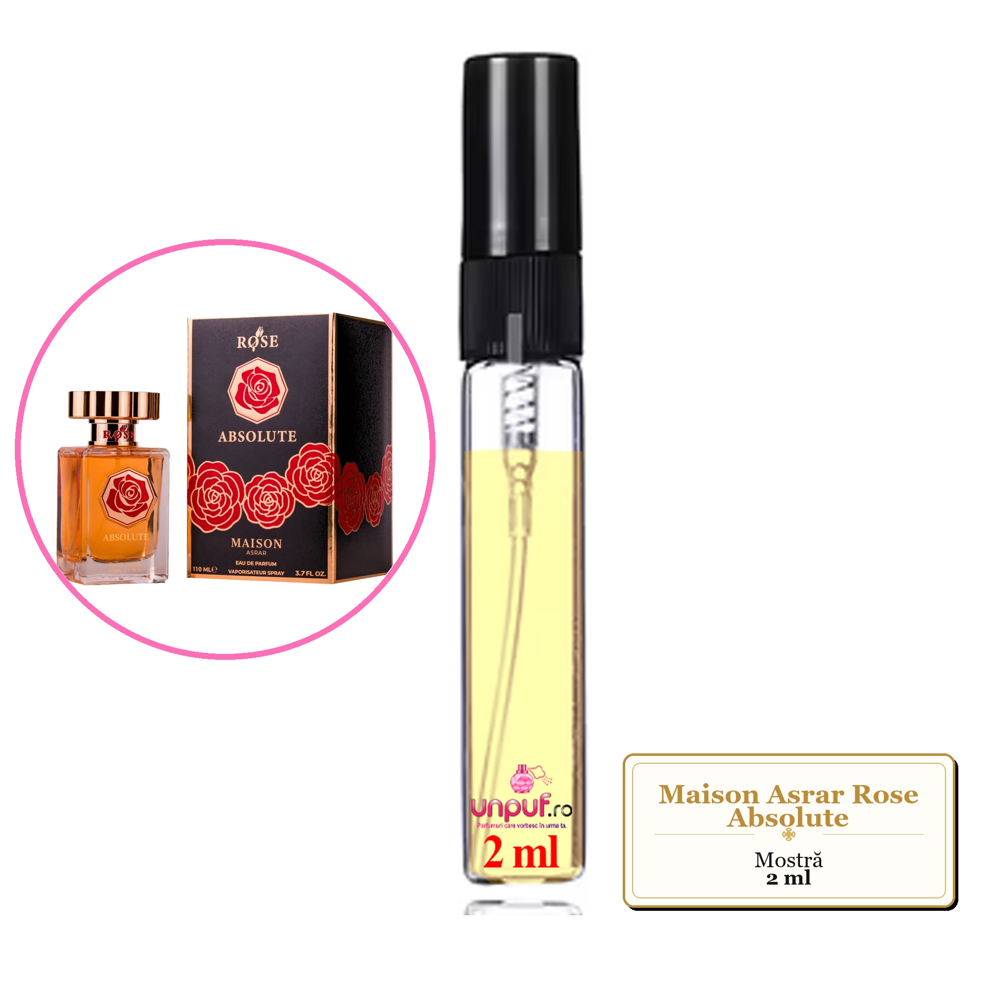 Mostra fiola din Parfumul Maison Asrar Rose Absolute, decant sticla cu pulverizator