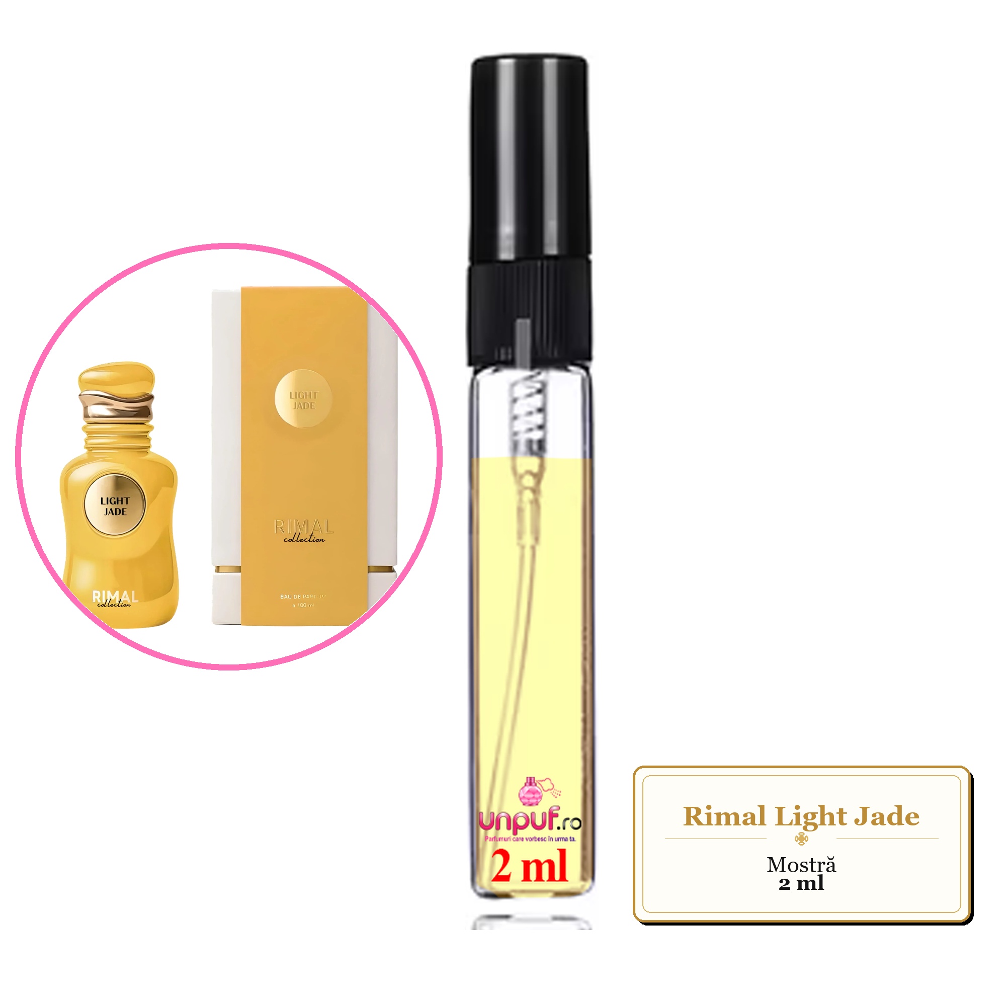 Mostra fiola din Parfumul Rimal Light Jade, decant sticla cu pulverizator 