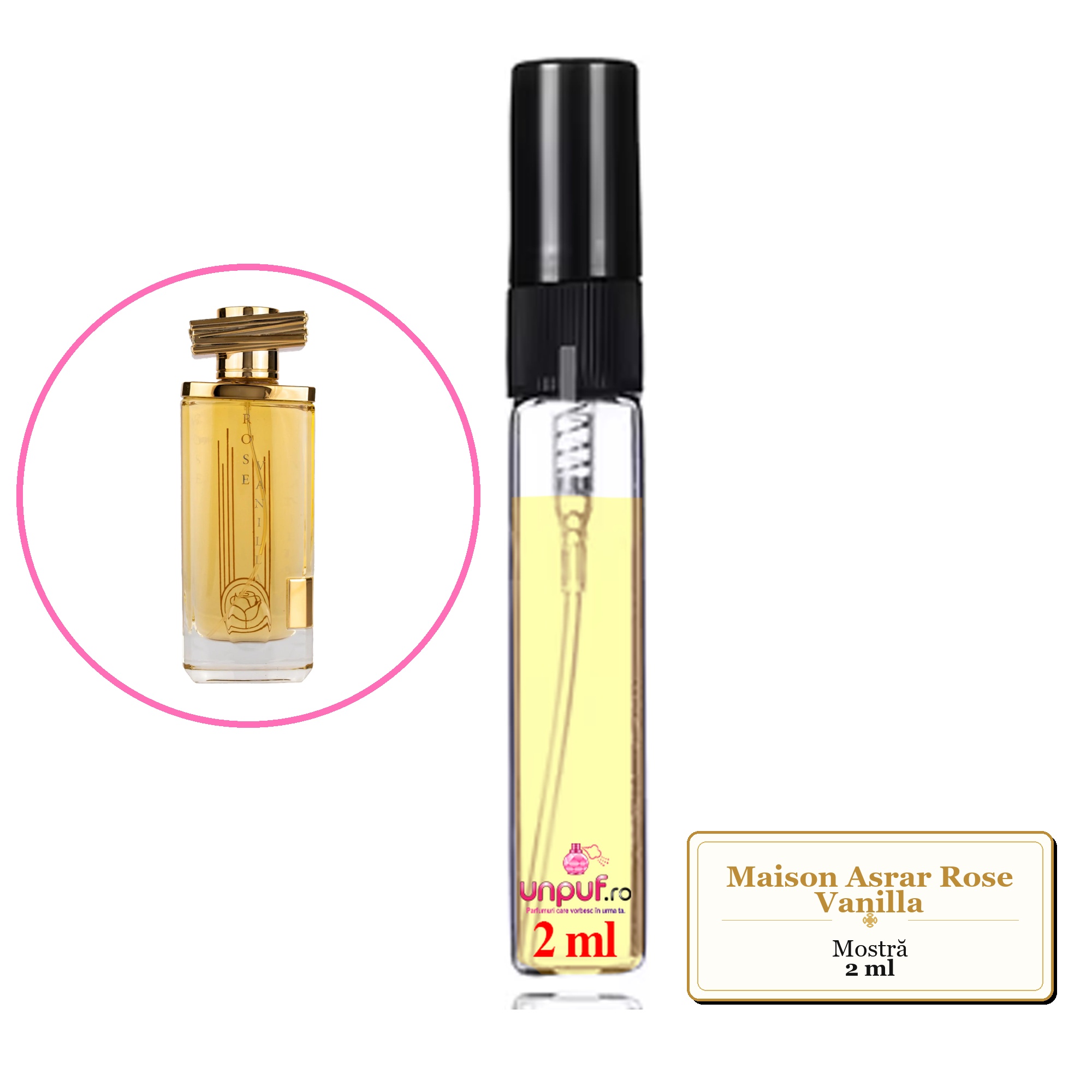 Mostra fiola din Parfumul Maison Asrar Rose Vanilla, decant sticla cu pulverizator