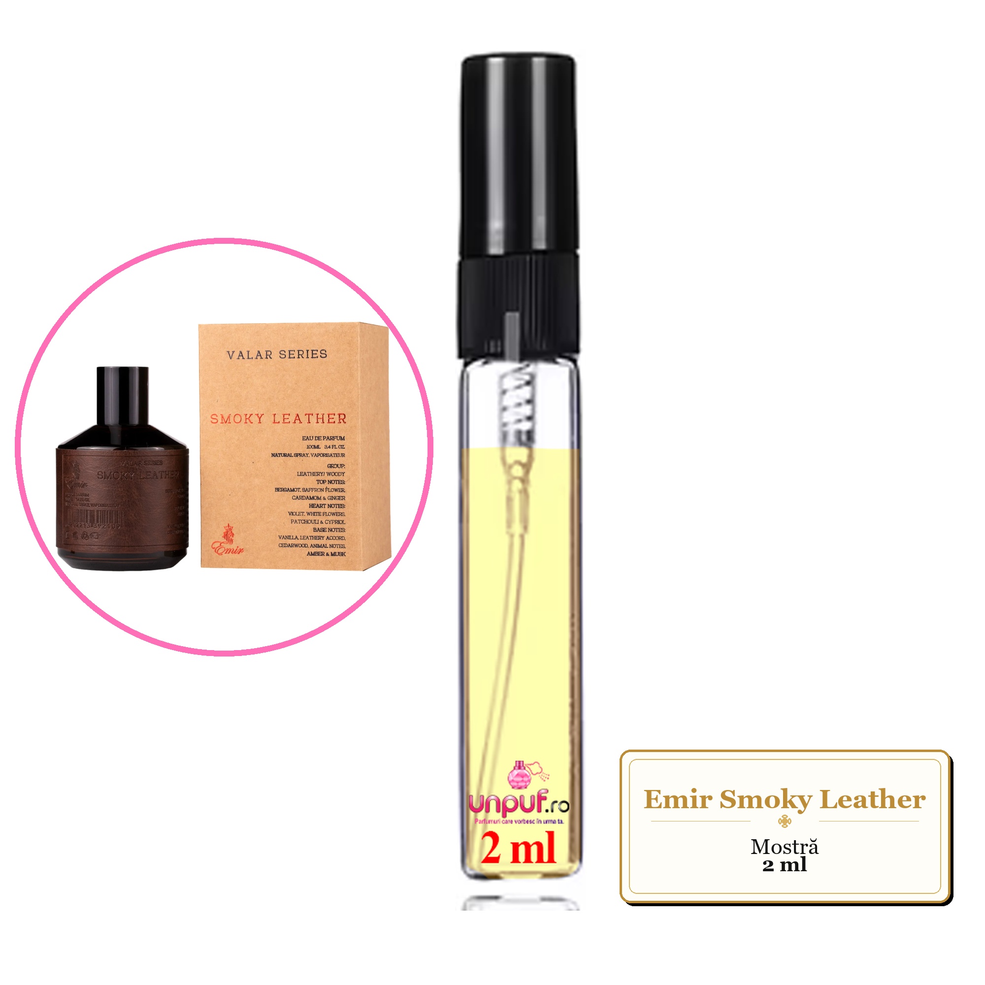 Mostra fiola din Parfumul Emir Smoky Leather, decant sticla cu pulverizator 