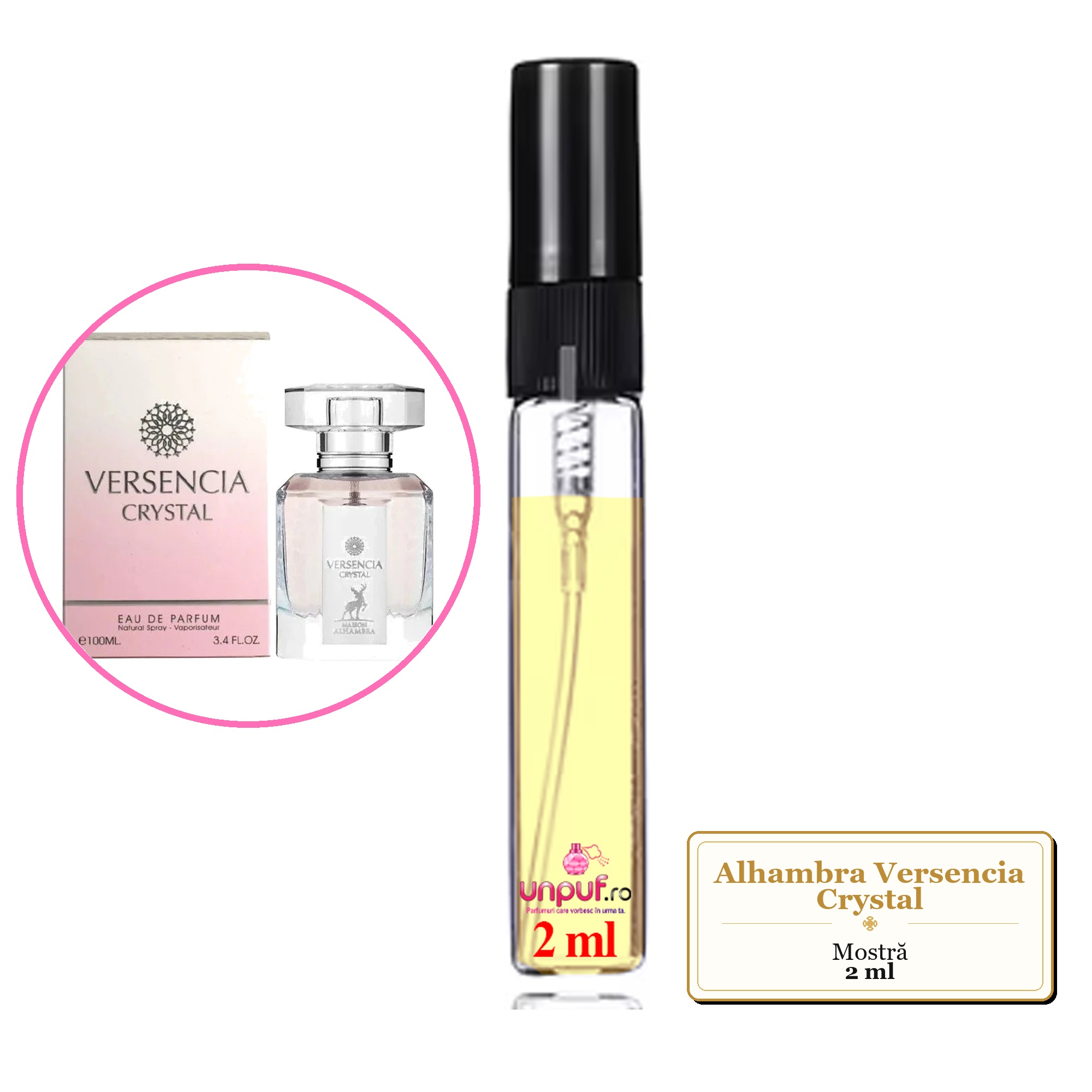 Mostra fiola din Parfumul Alhambra Versencia Crystal, decant sticla cu pulverizator