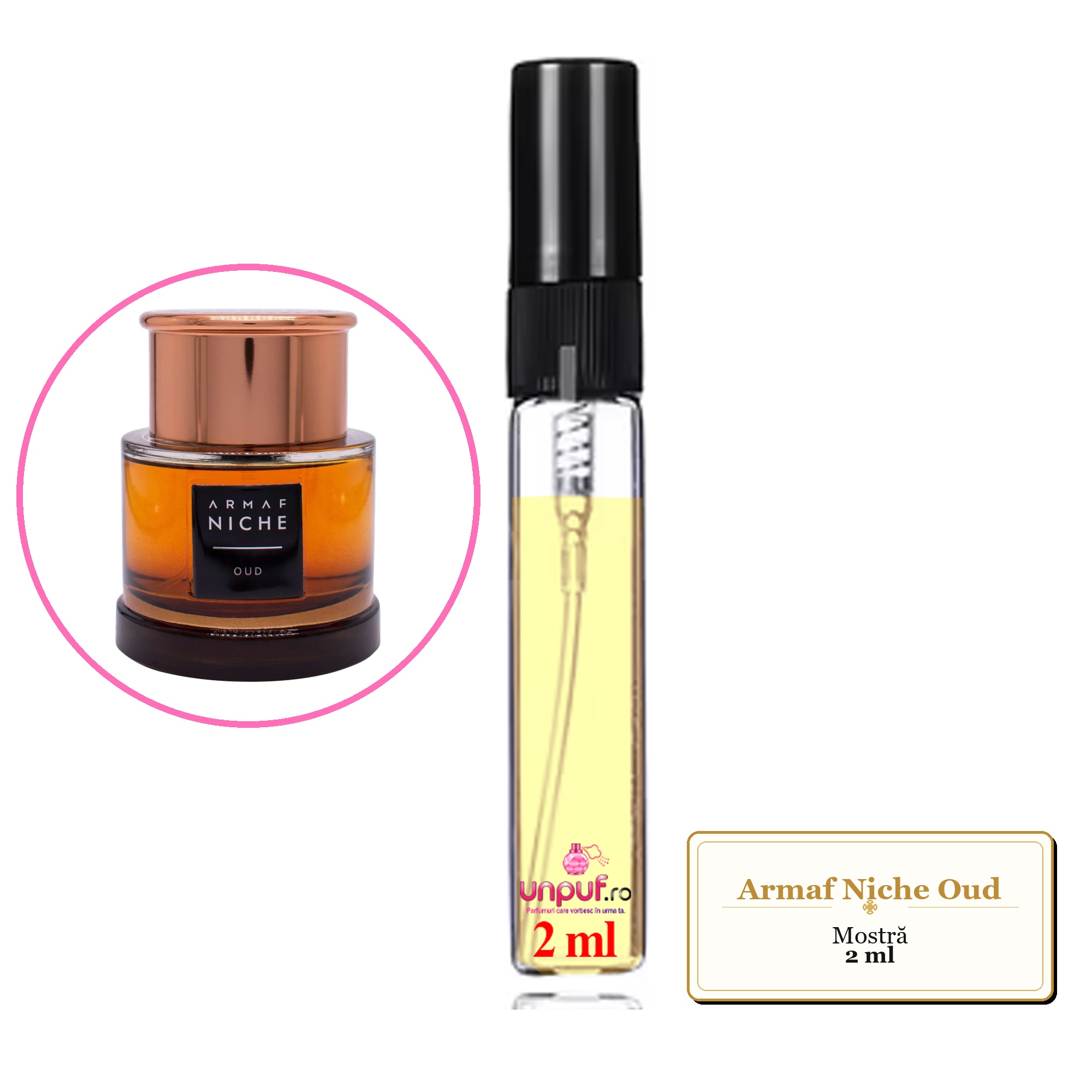 Mostra fiola din Parfumul Armaf Niche Oud, decant sticla cu pulverizator 