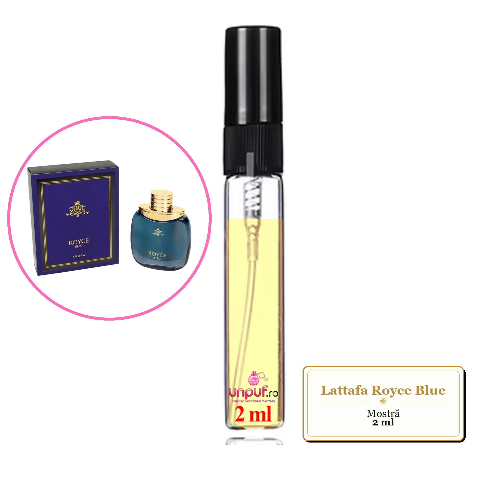 Mostra fiola din Parfumul Lattafa Royce Blue, decant sticla cu pulverizator