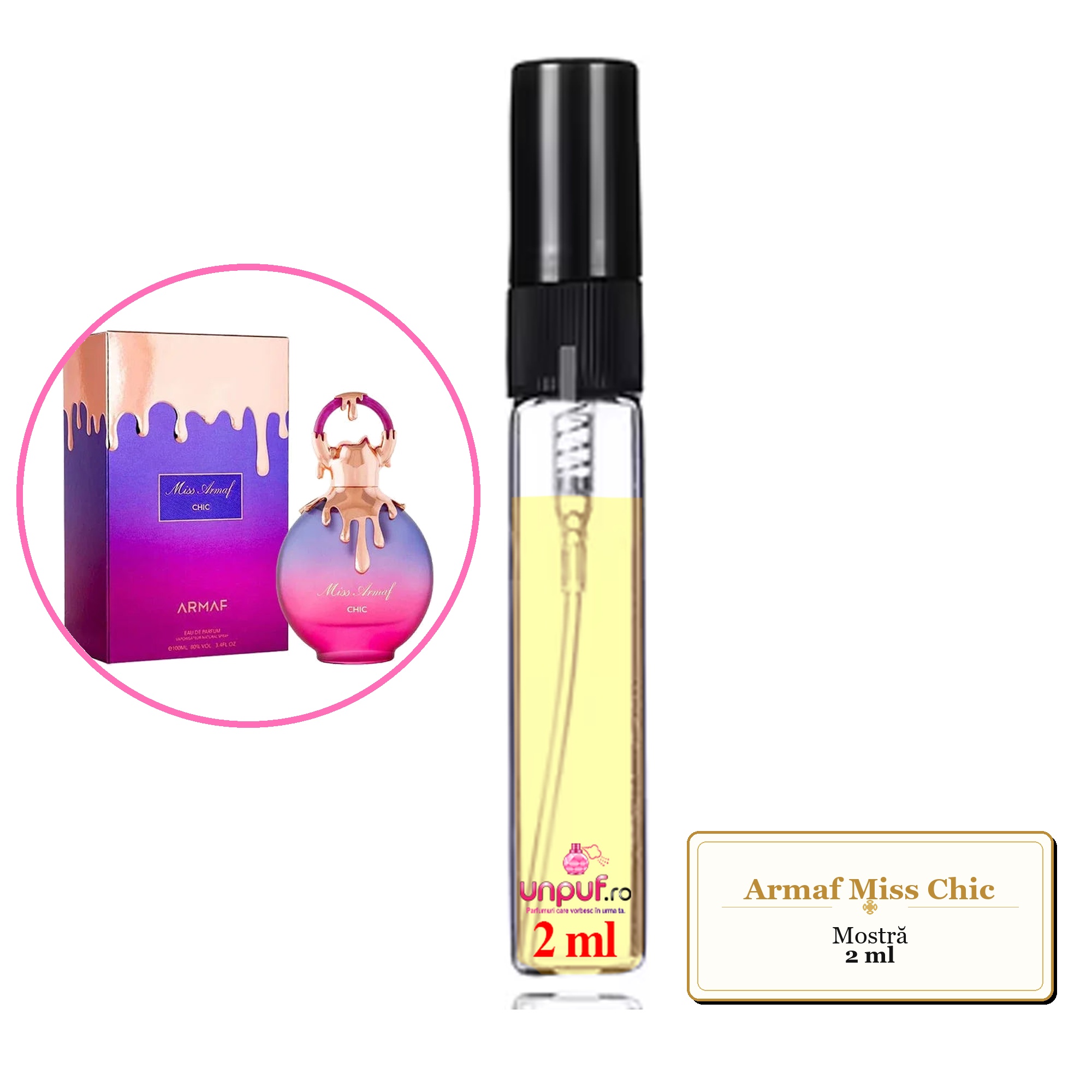 Mostra fiola din Parfumul Armaf Miss Chic, decant sticla cu pulverizator 