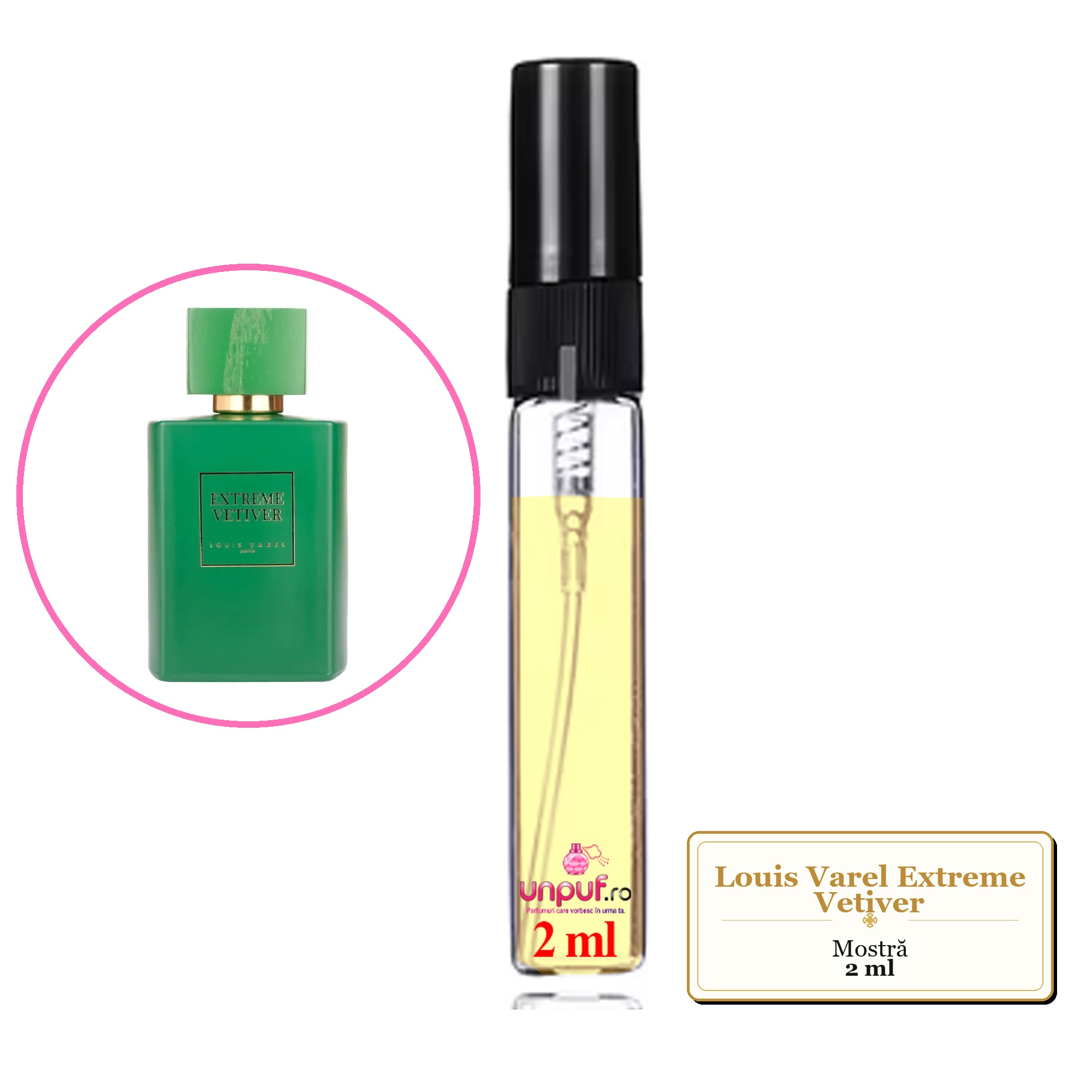 Mostra fiola din Parfumul Louis Varel Extreme Vetiver, decant sticla cu pulverizator 