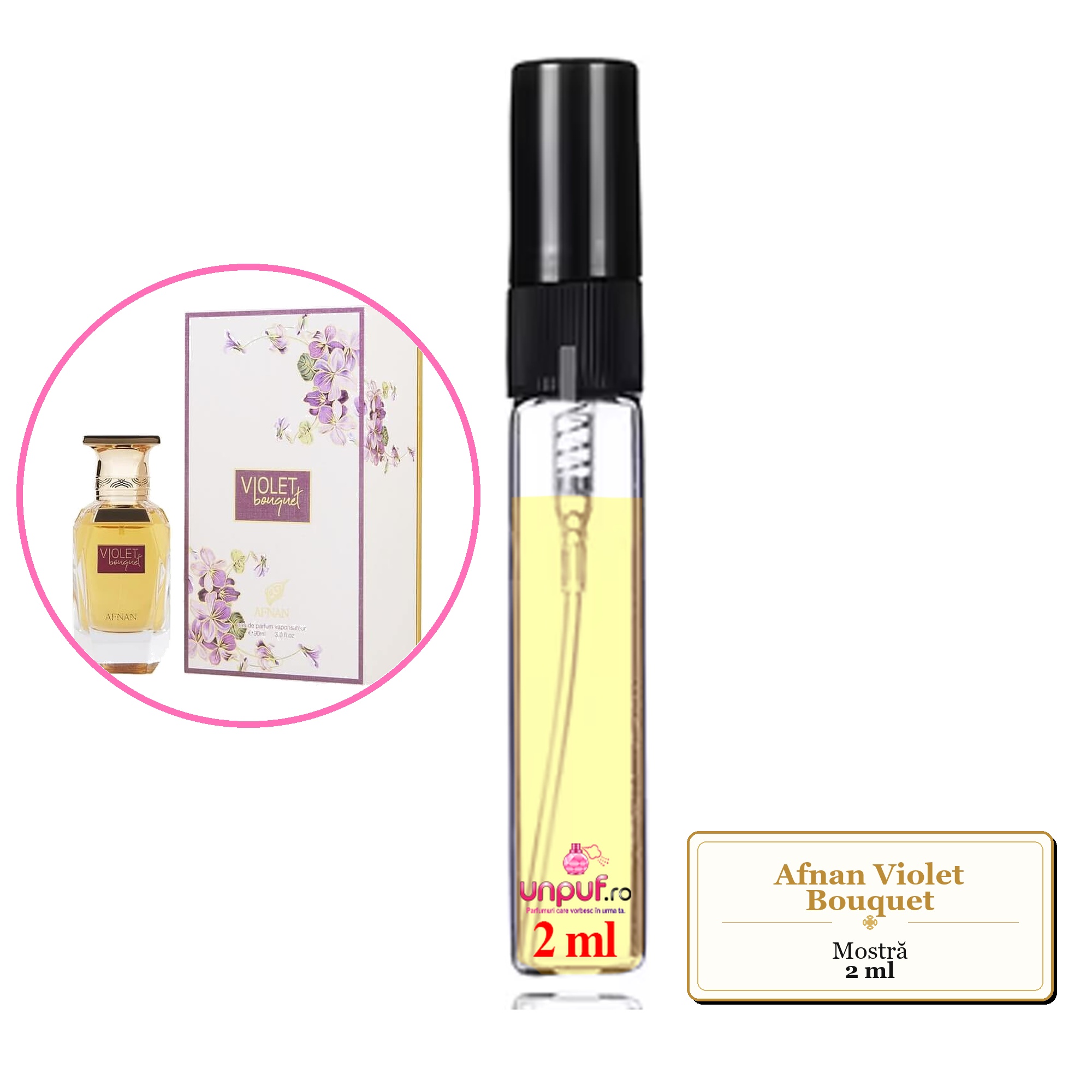 Mostra fiola din Parfumul Afnan Violet Bouquet, decant sticla cu pulverizator 