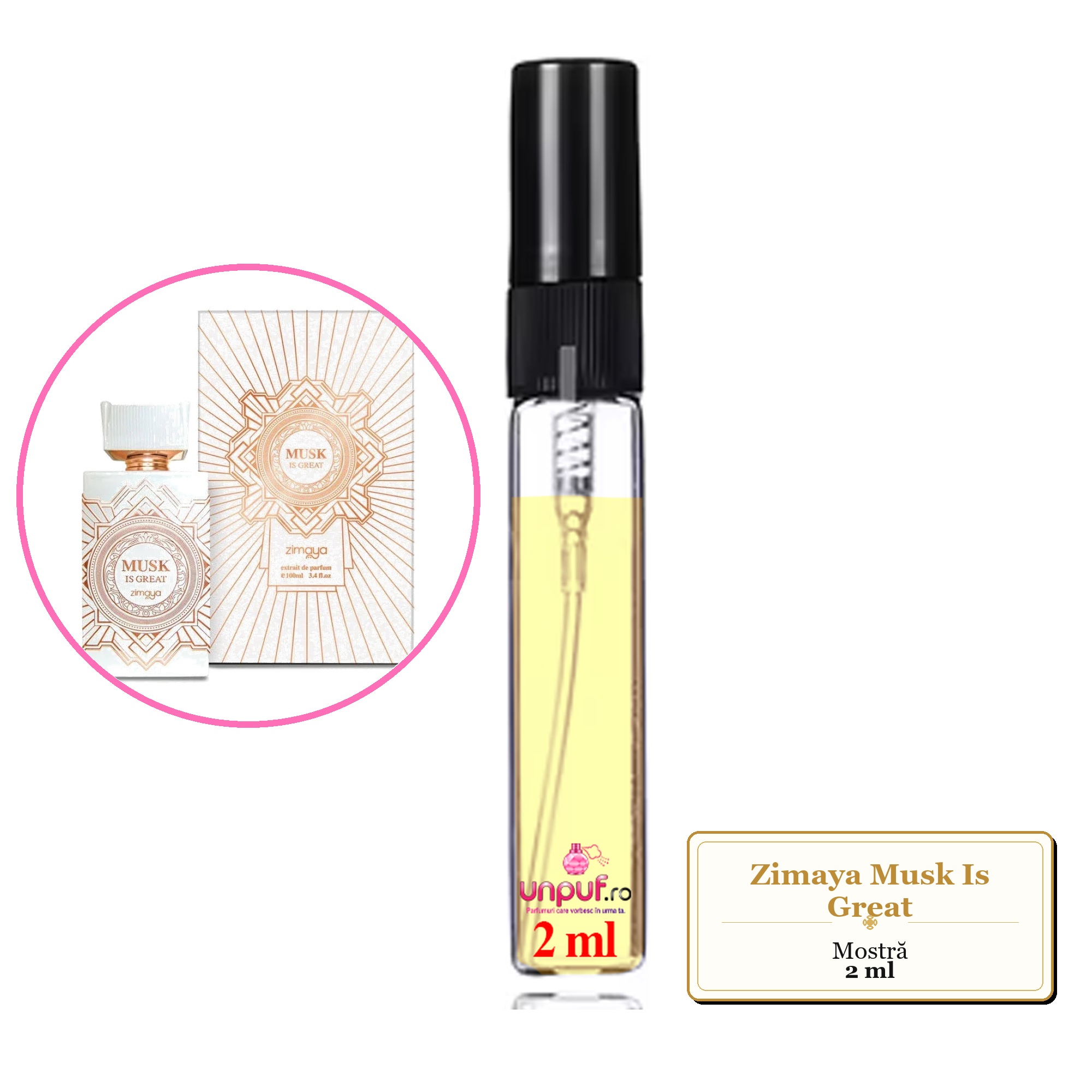Mostra fiola din Parfumul Zimaya Musk Is Great, decant sticla cu pulverizator 