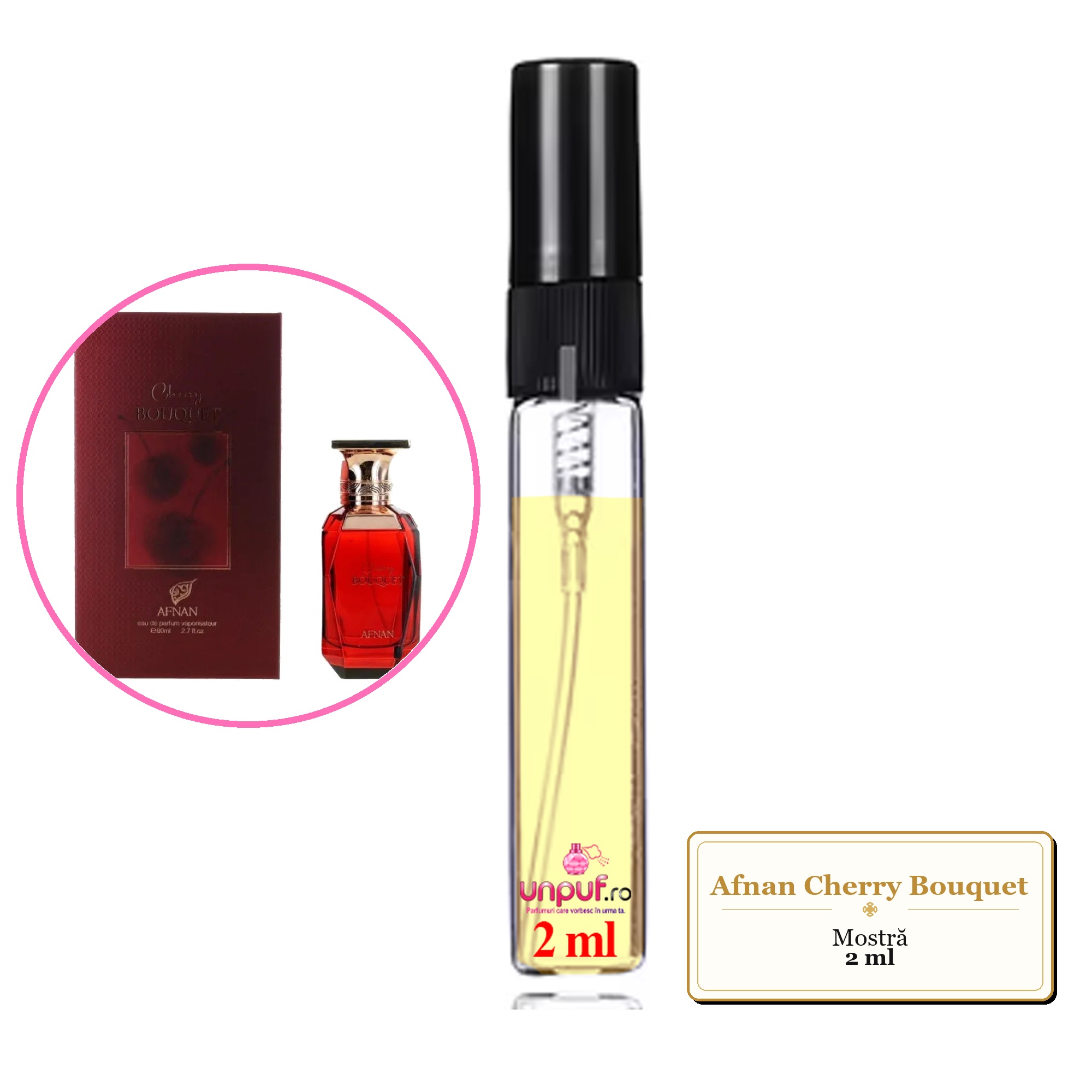 Mostra fiola din Parfumul Afnan Cherry Bouquet, decant sticla cu pulverizator