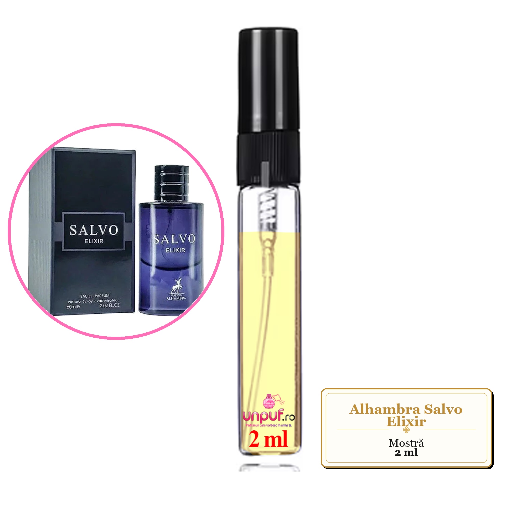 Mostra fiola din Parfumul Alhambra Salvo Elixir, decant sticla cu pulverizator