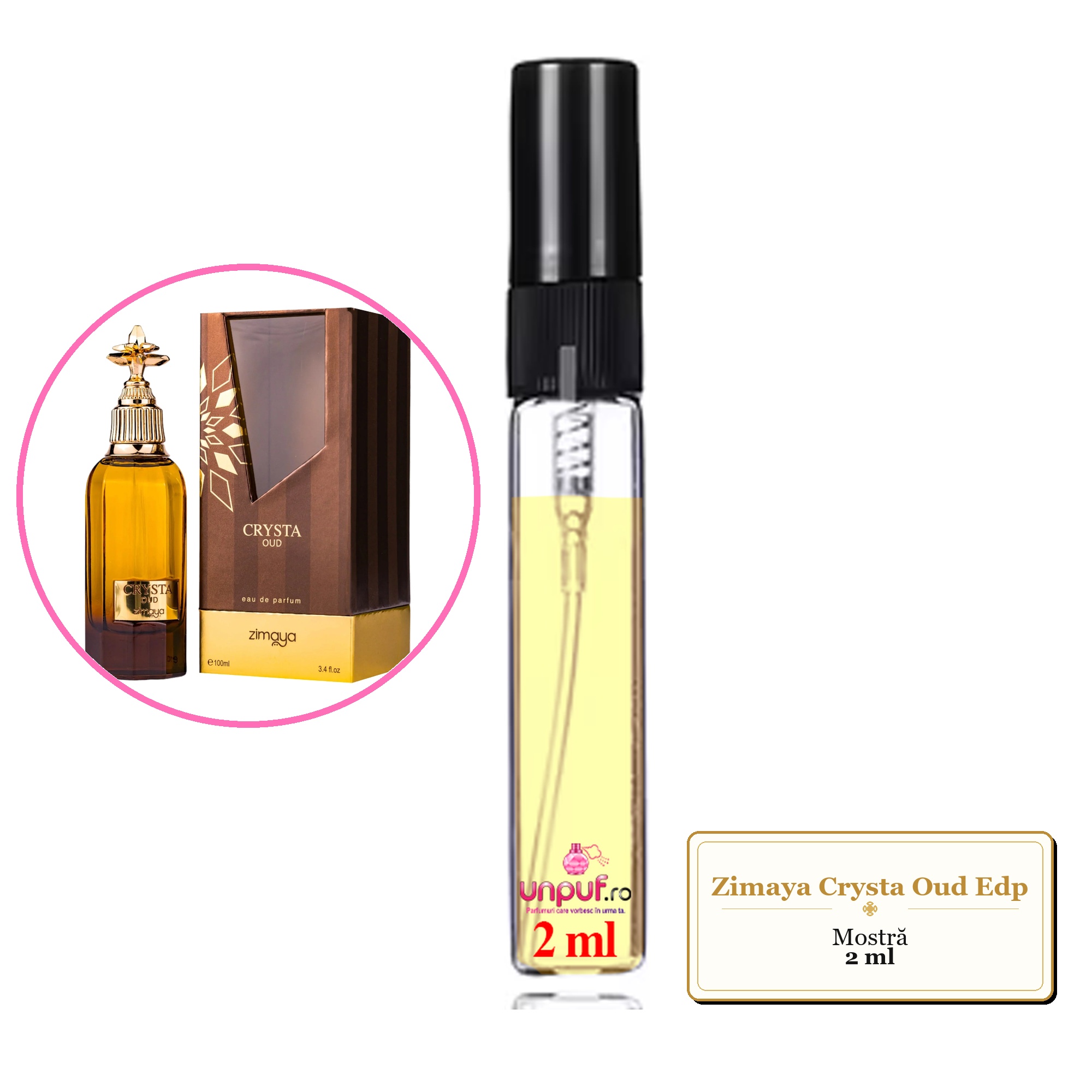Mostra fiola din Parfumul Zimaya Crysta Oud Edp, decant sticla cu pulverizator 