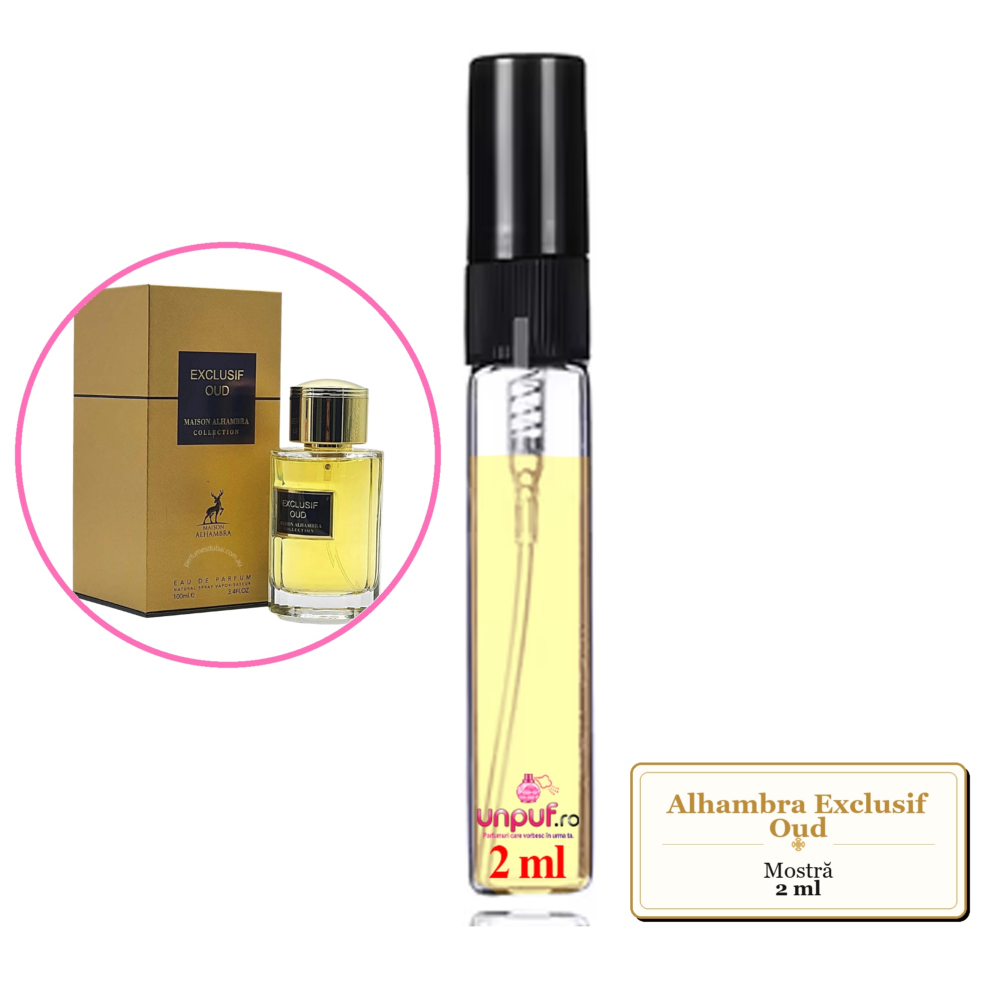 Mostra fiola din Parfumul Alhambra Exclusif Oud, decant sticla cu pulverizator