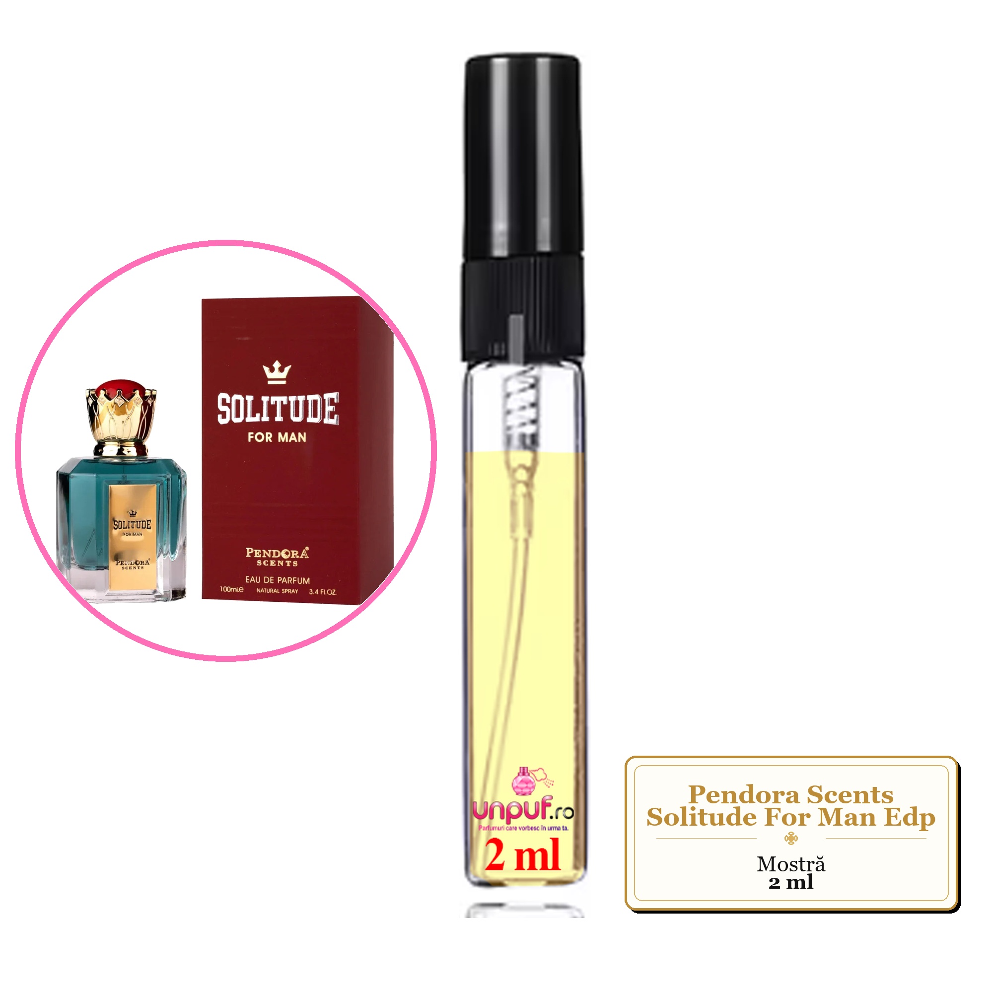 Mostra fiola din Parfumul Pendora Scents Solitude For Man Edp, decant sticla cu pulverizator 