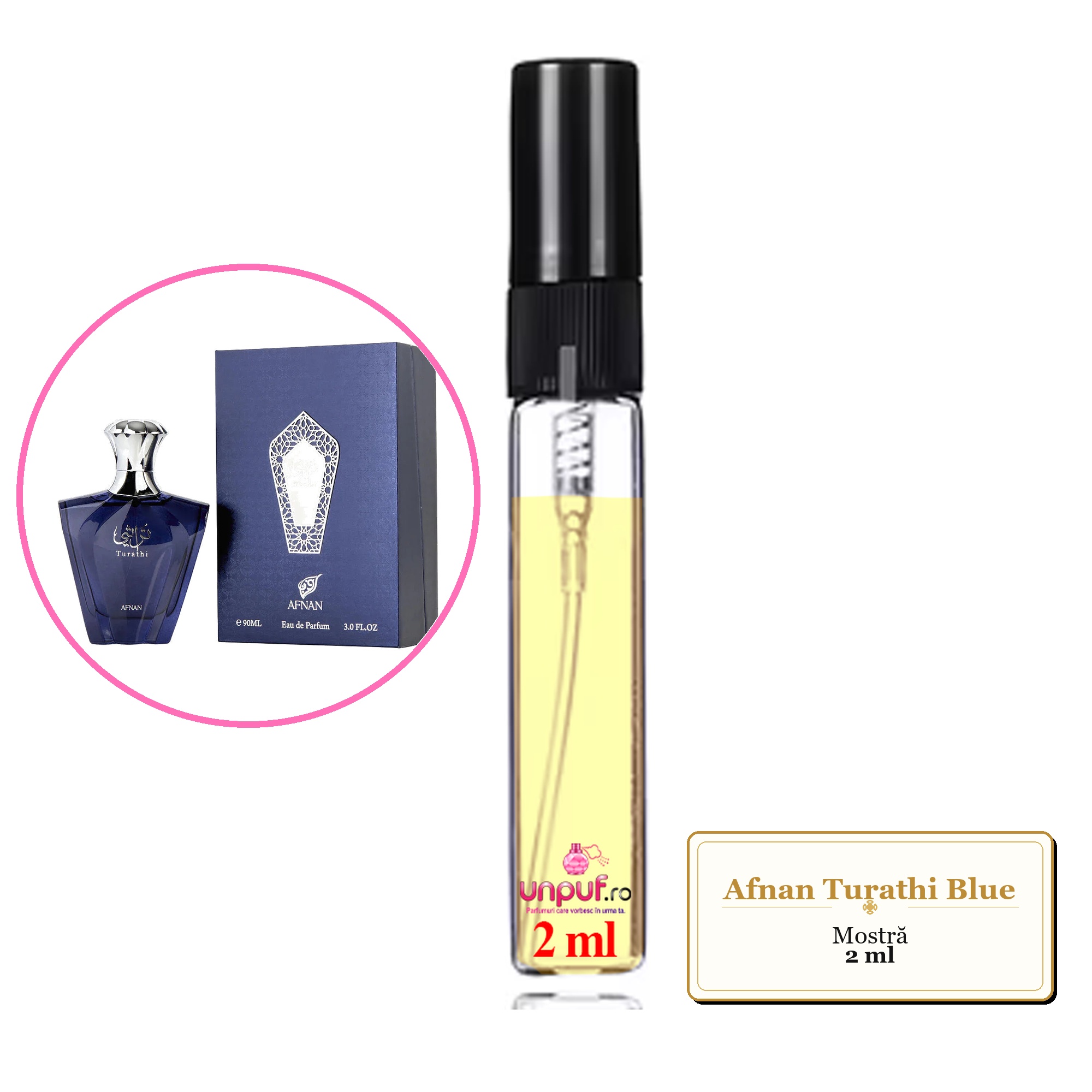 Mostra fiola din Parfumul Afnan Turathi Blue, decant sticla cu pulverizator 