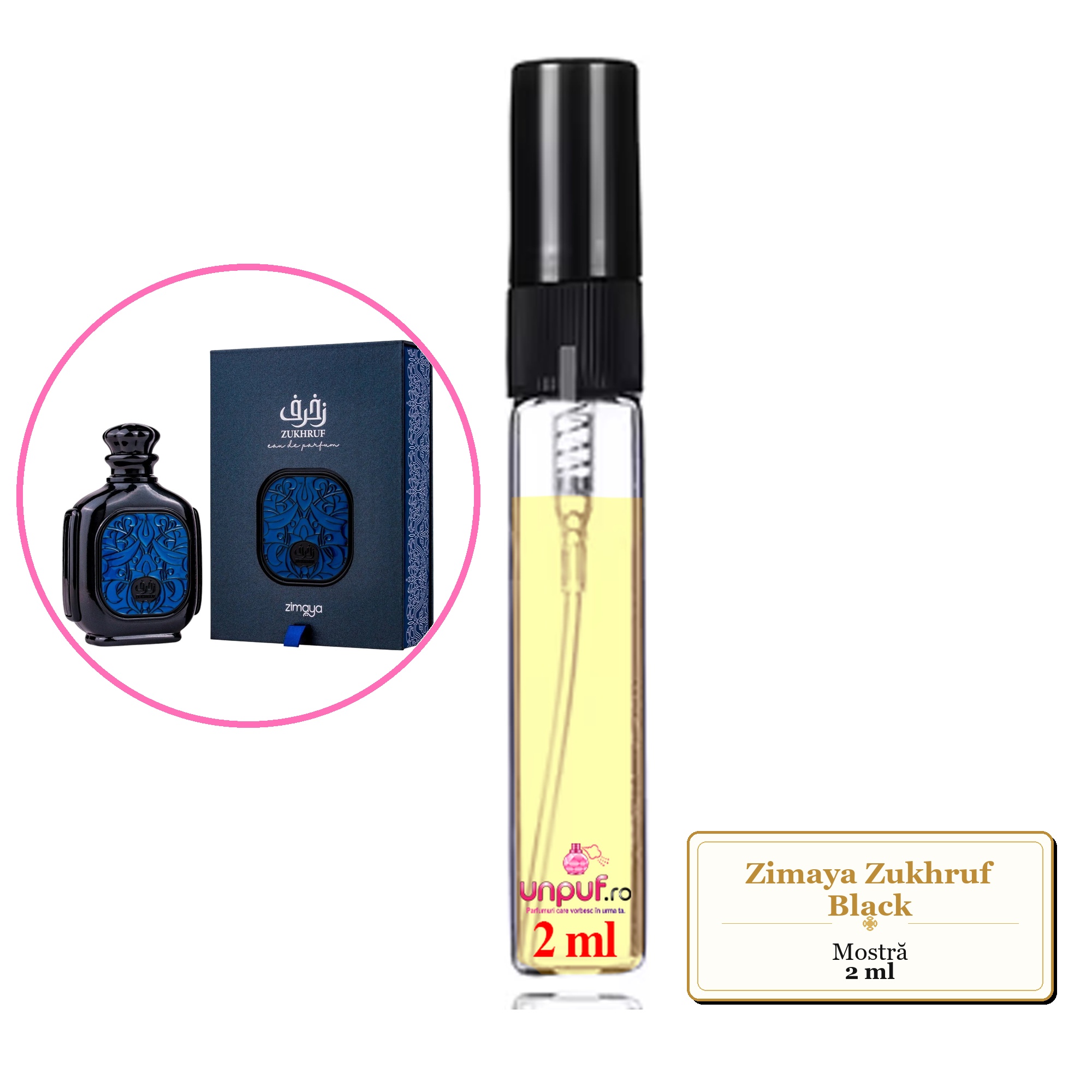 Mostra fiola din Parfumul Zimaya Zukhruf Black, decant sticla cu pulverizator