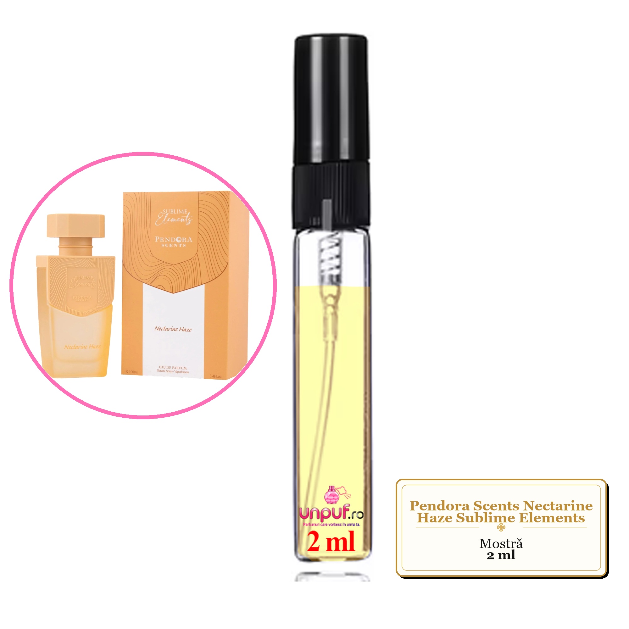 Mostra fiola din Parfumul Pendora Scents Nectarine Haze Sublime Elements, decant sticla cu pulverizator 