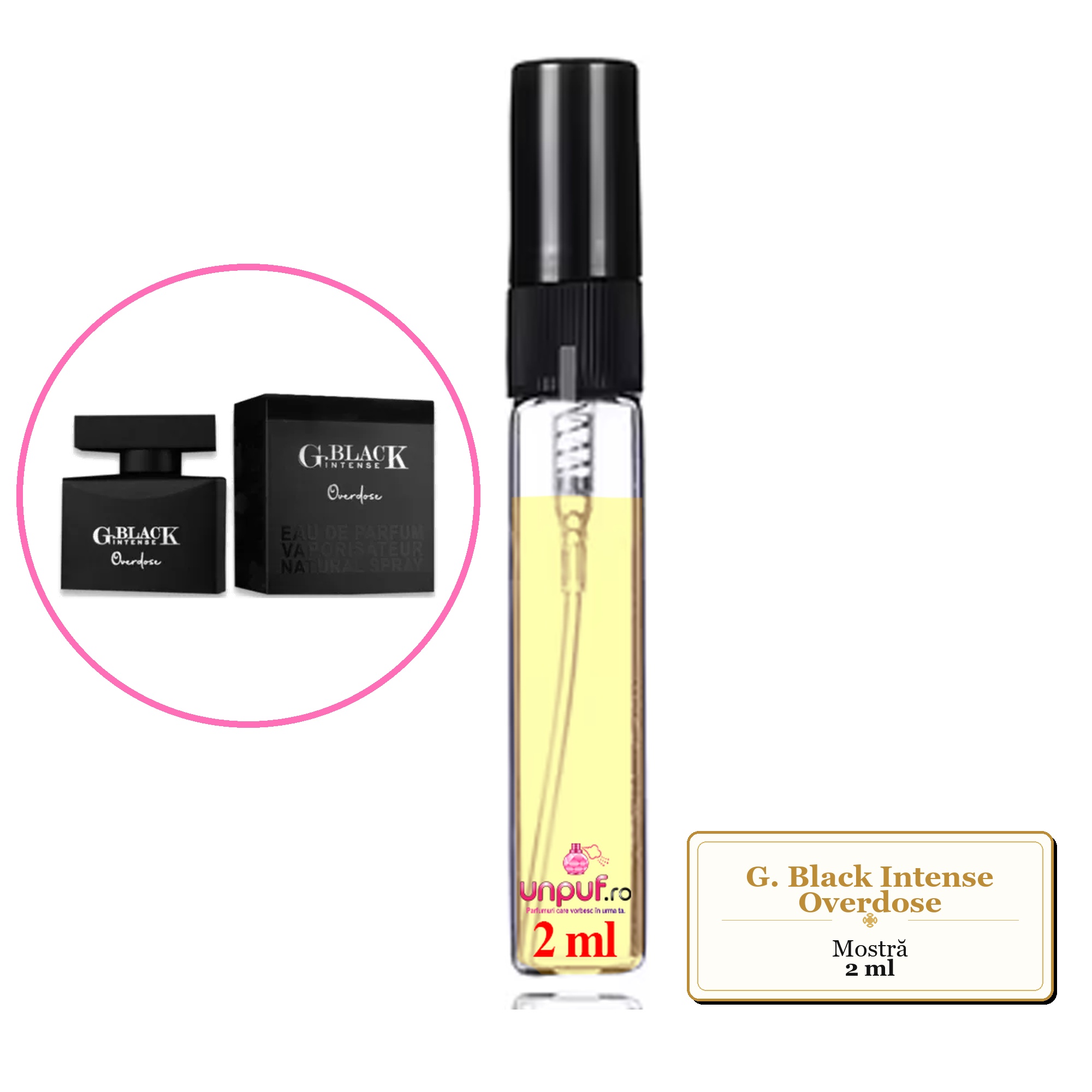 Mostra fiola din Parfumul G. Black Intense Overdose, decant sticla cu pulverizator