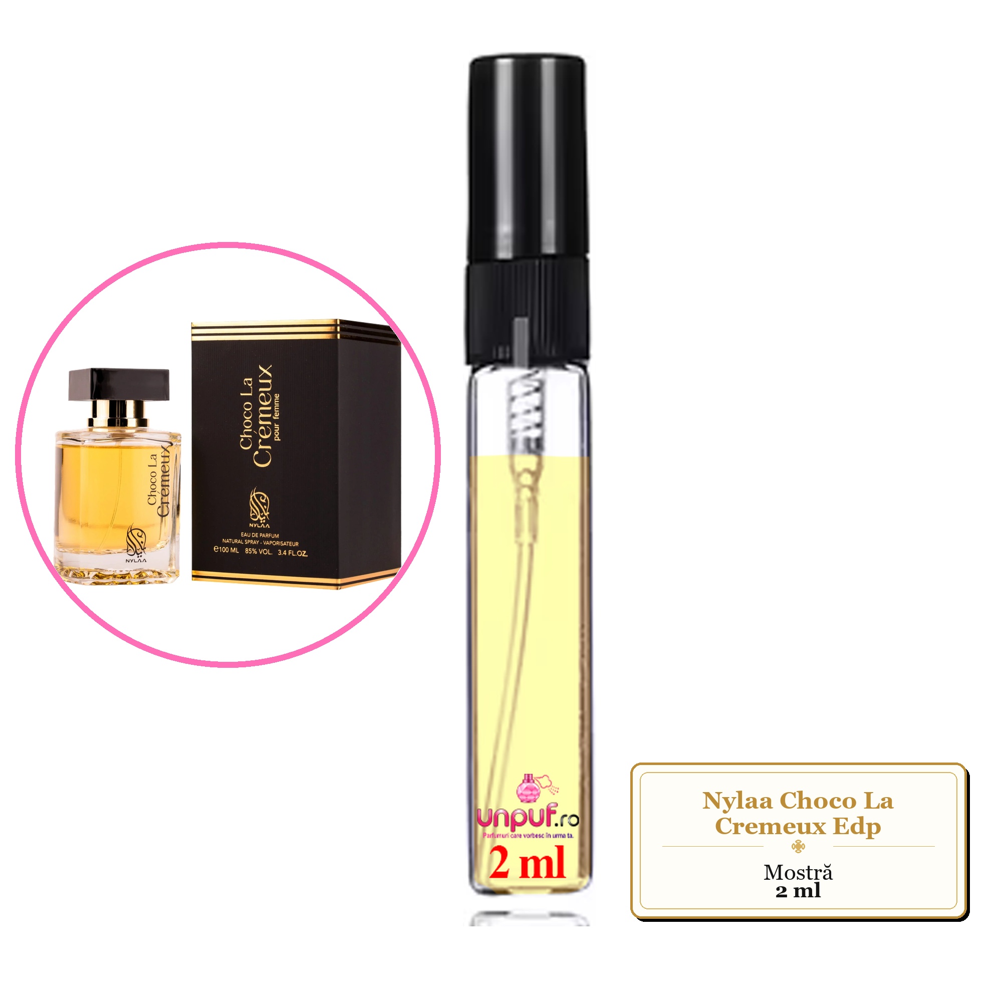 Mostra fiola din Parfumul Nylaa Choco La Cremeux Edp, decant sticla cu pulverizator 