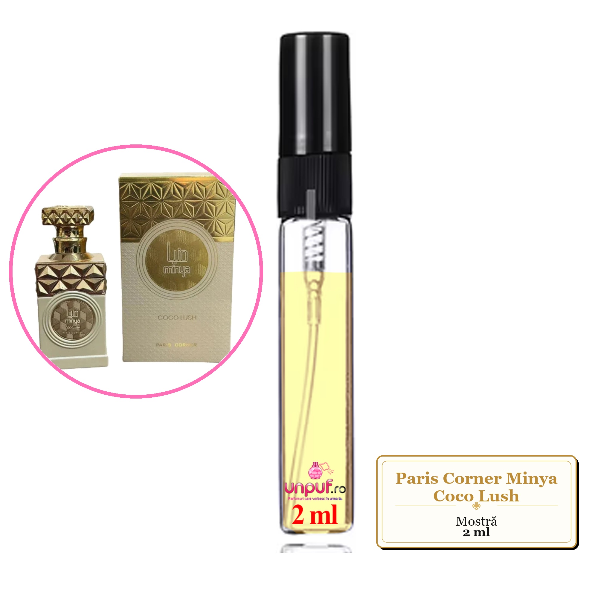 Mostra fiola din Parfumul Paris Corner Minya Coco Lush, decant sticla cu pulverizator 