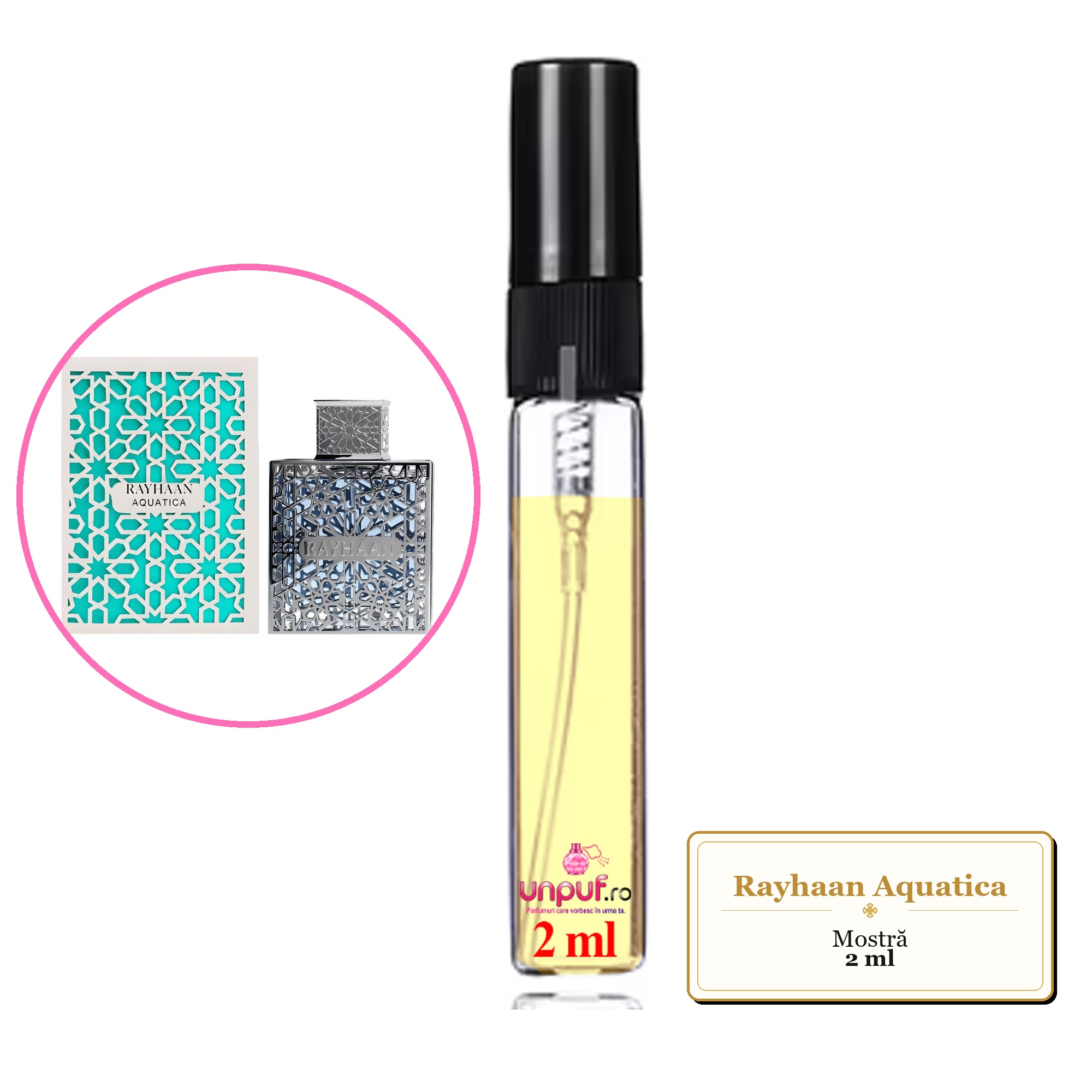 Mostra fiola din Parfumul Rayhaan Aquatica, decant sticla cu pulverizator