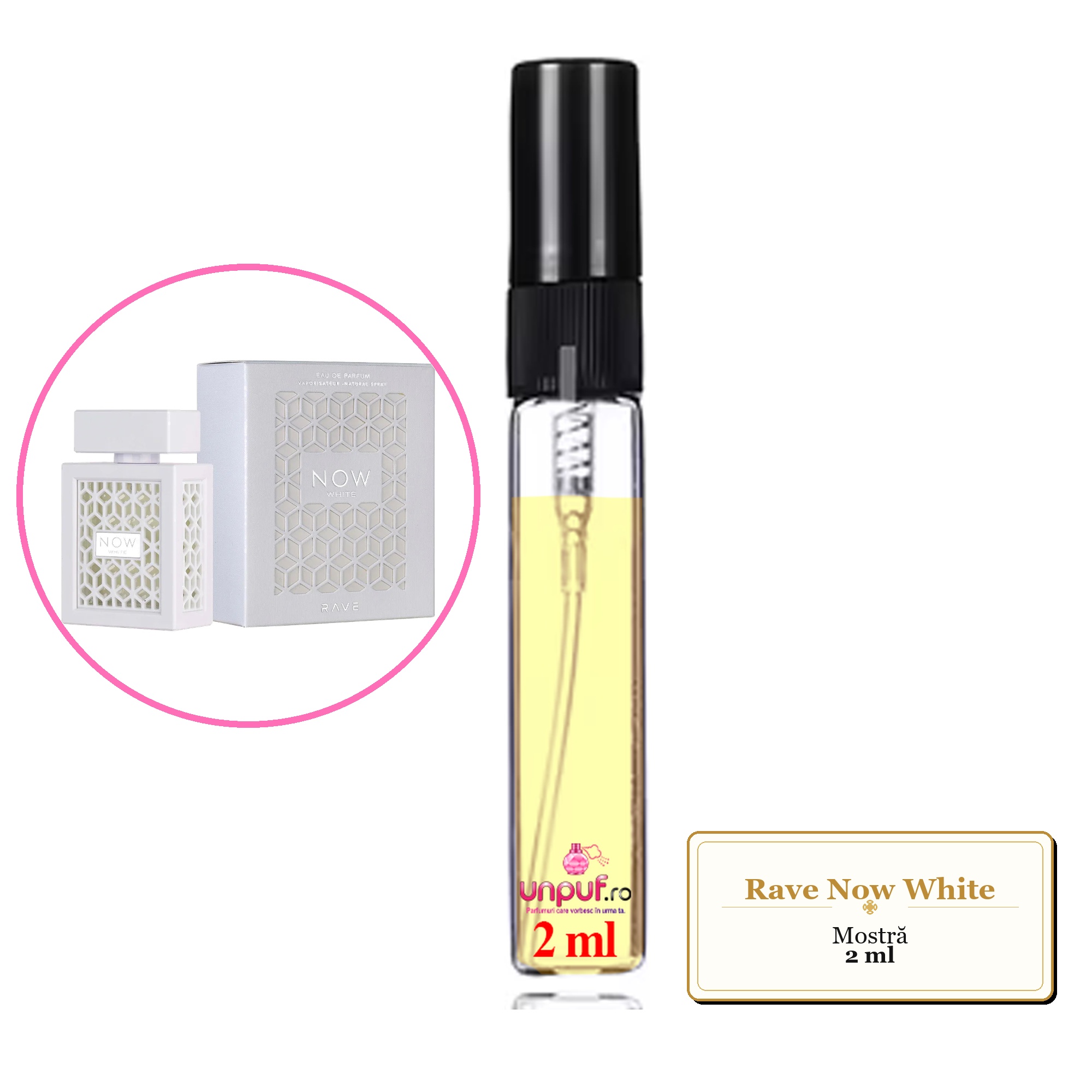 Mostra fiola din Parfumul Rave Now White, decant sticla cu pulverizator