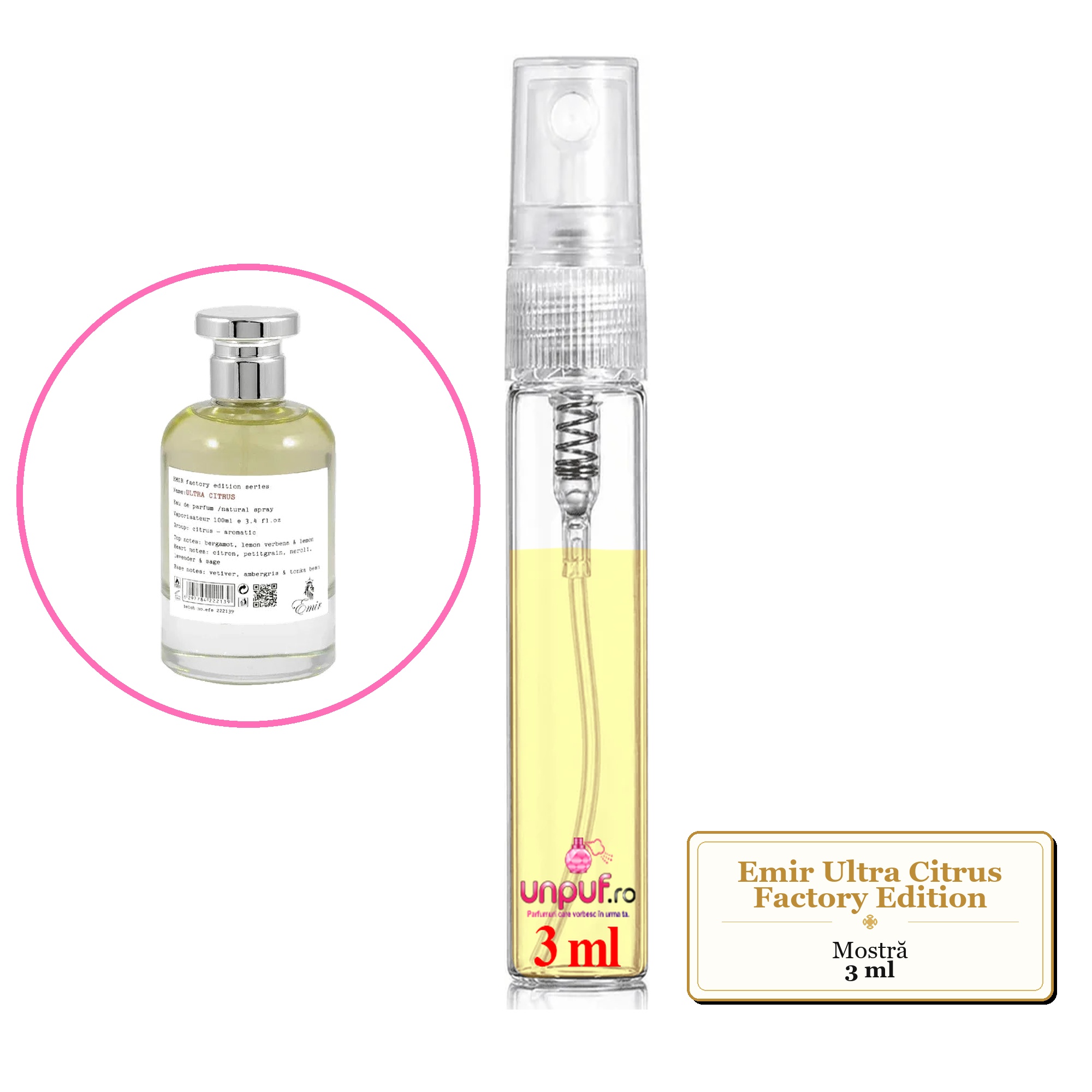 Mostra fiola din Parfumul Emir Ultra Citrus Factory Edition, decant sticla cu pulverizator