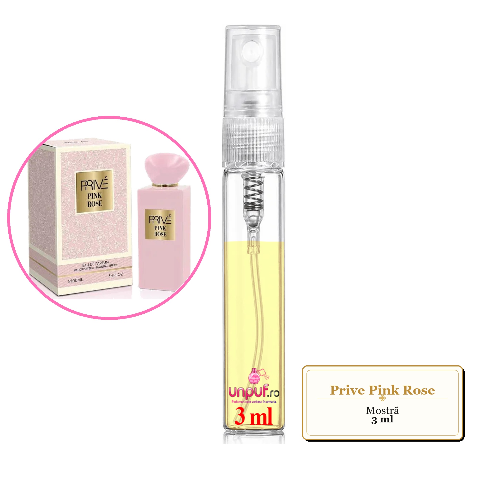 Mostra fiola din Parfumul Prive Pink Rose, decant sticla cu pulverizator